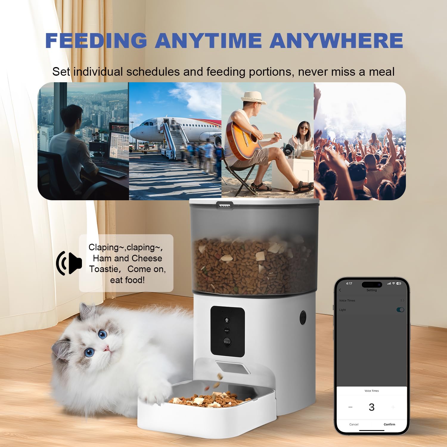 Alimentador automático WiFi 2.4G/5G para gatos, dispensador de alimentos de 4 litros con grabadora de voz de 10 segundos, comedero para mascotas hasta 10 comidas por día, comedero para gatos con