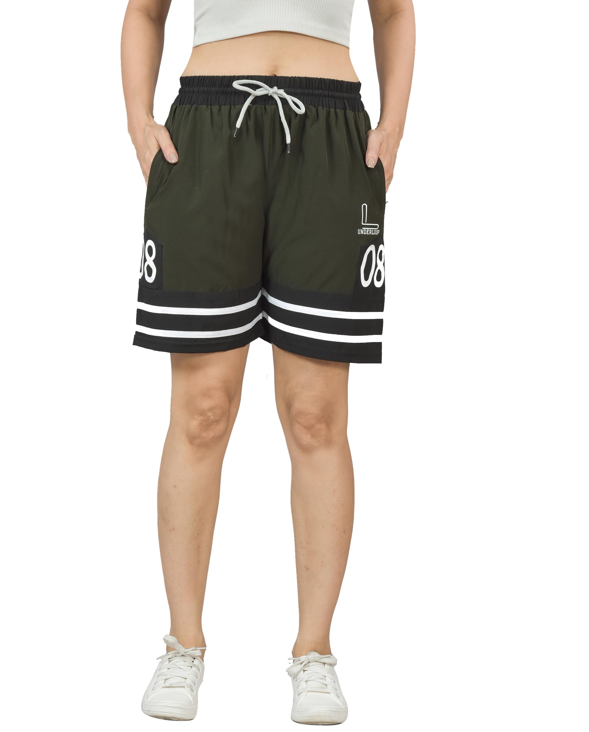 underloop Gril's Basketball Shorts, Green with Black Stripes-picture-43