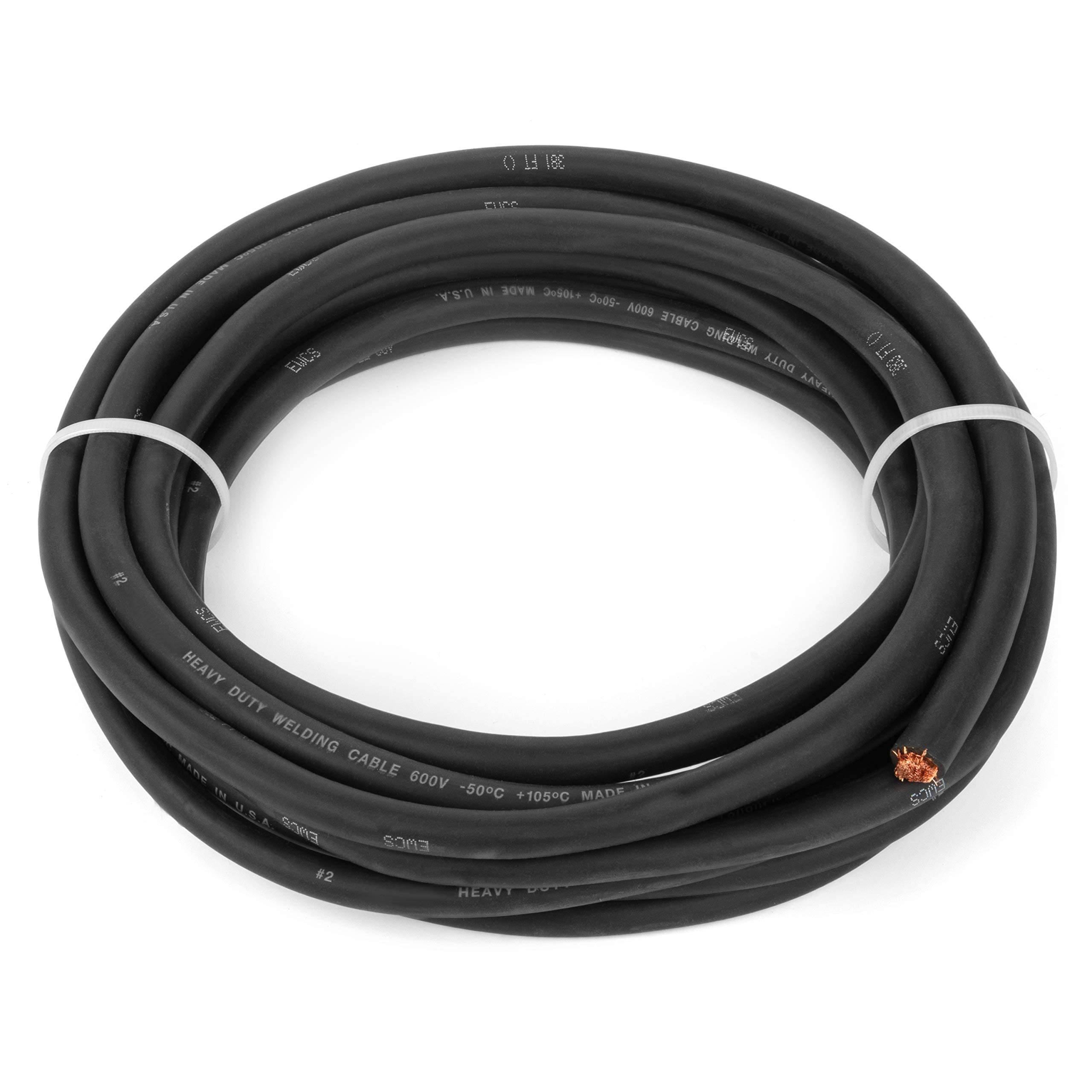 EWCS 2/0 Gauge Premium Extra Flexible Welding Cable 600 Volt - Black 20 Feet - Made in The USA!