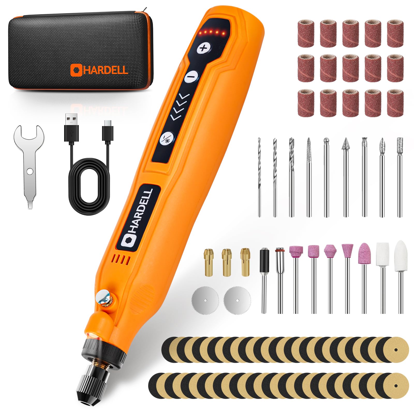 HARDELL Mini Akku Rotationswerkzeug mit LED, 5 Geschwindigkeiten (5000-18000 U/min), 3,7V Multifunktionswerkzeug Set mit 69 Zubehör, Gravurset für Resin, Holz, Glas, Basteln (Orange-69pcs)