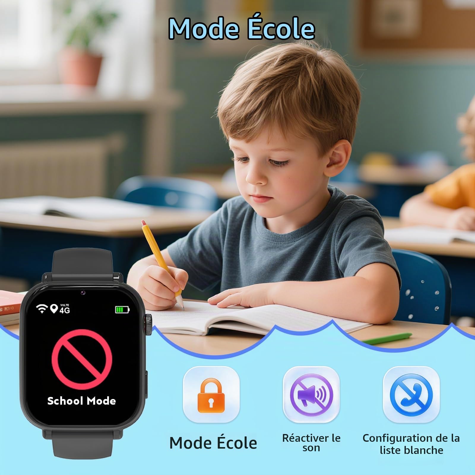 Montre Connectée Enfant, Smartwatch GPS/Téléphone/Appels Vidéo/Chat Vocal | SOS/Mode École/Réveil/Appareil Photo/Podomètre, Montre Intelligente Pour Enfant Cadeau pour Garçons et Filles, Noir