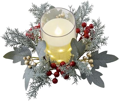 Christmas Candle Rings Wreaths Xmas Wreath Holders Garland Pillar Candles for Christmas Home Table Centerpieces Decor Red