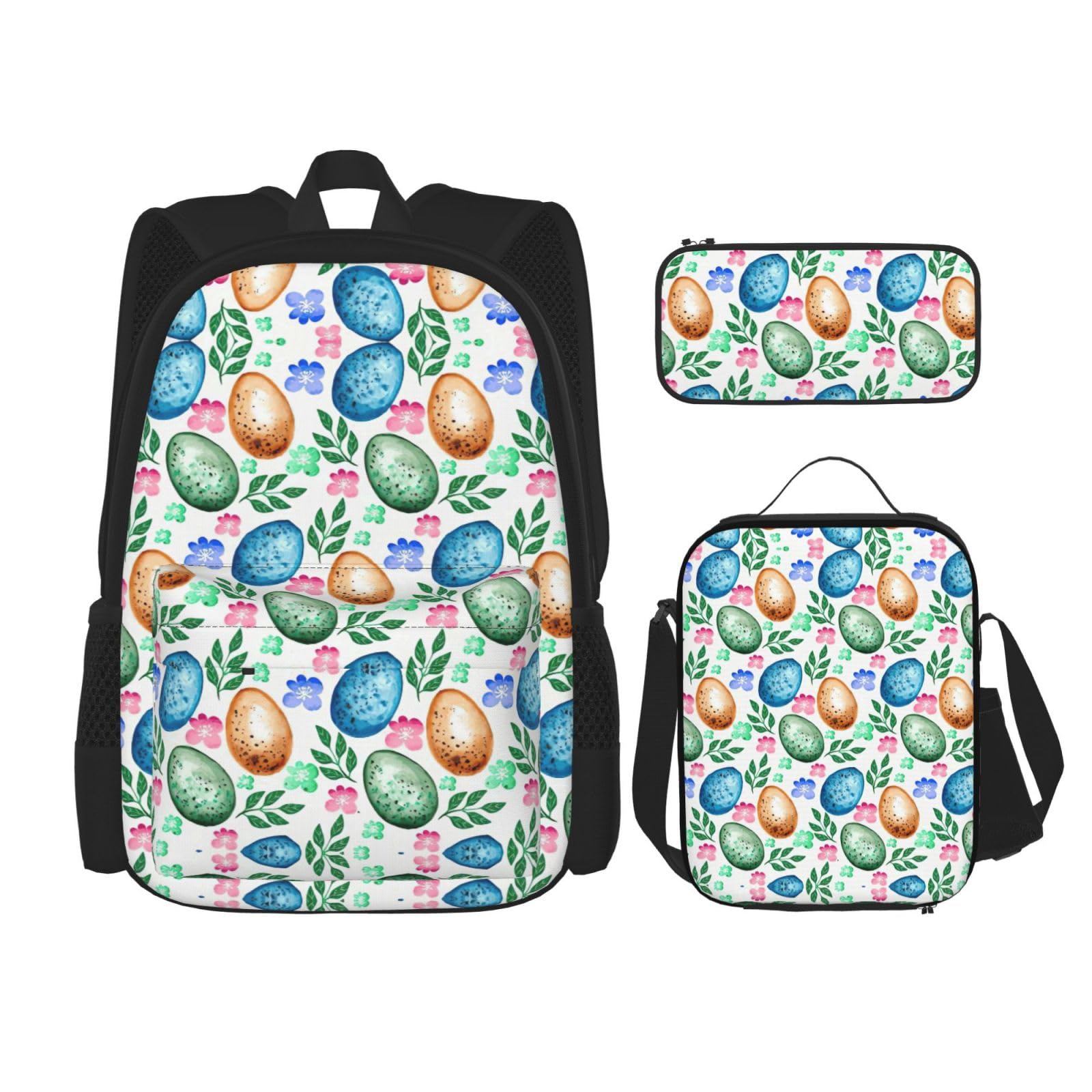 Juego de 3 mochilas escolares con estampado de huevos de Pascua, mochila para laptop resistente al agua de gran capacidad con bolsa de almuerzo aislada y estuche para lápices para adolescentes