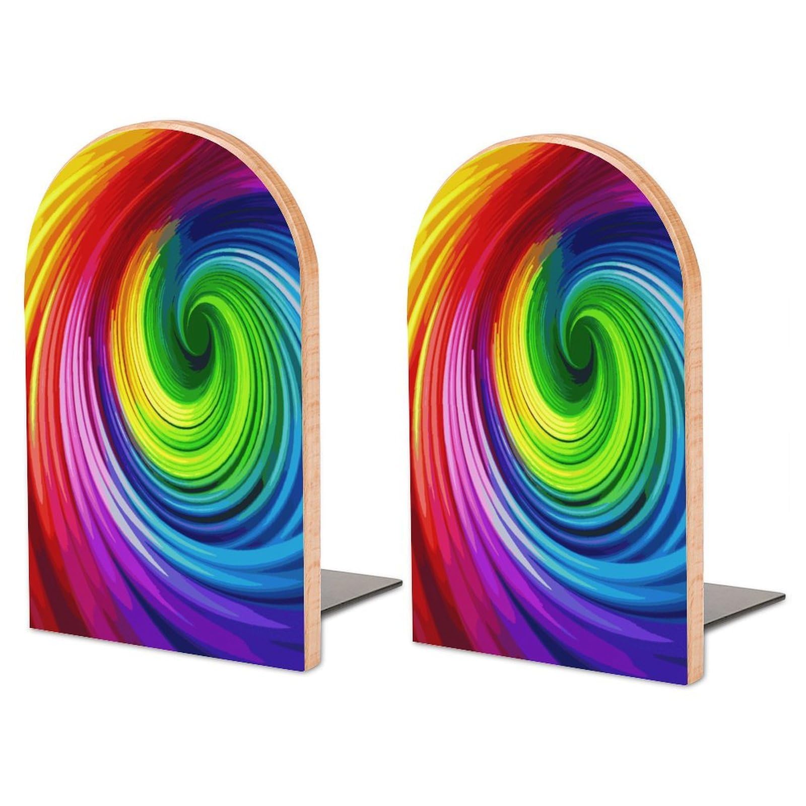 Large Rainbow Spiral Book End with Metal Base Fashion Heavy Duty Bookend Exquisite Wooden Bookends Non-Skid Book Stopper for Shelves Books Organizer for Office Home 1 Pair