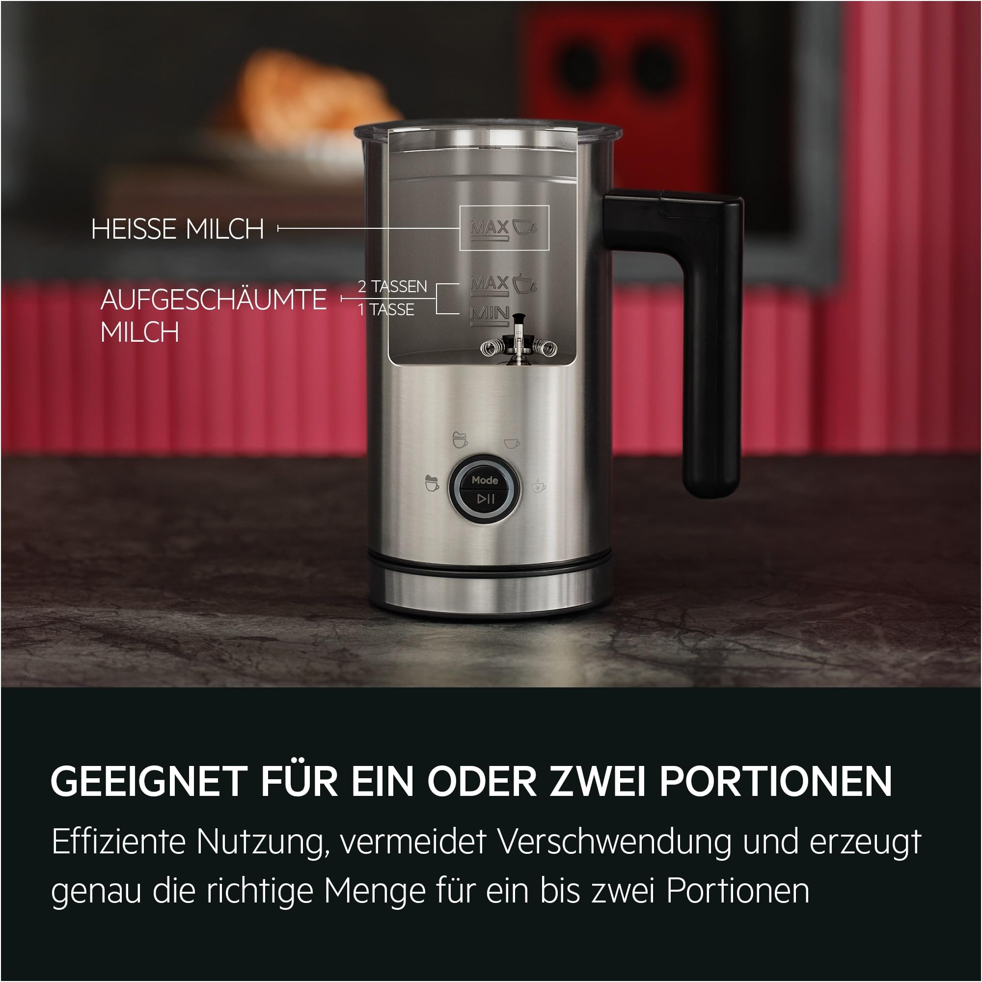 AEG Milchaufschäumer MF5-1-6ST 5000 – Edelstahl, doppelte Funktion, für Latte Macchiato, Cappuccino, Matcha, pflanzliche Milch, PFAS-freie Keramikbeschichtung, 75–150 ml, leicht zu reinigen