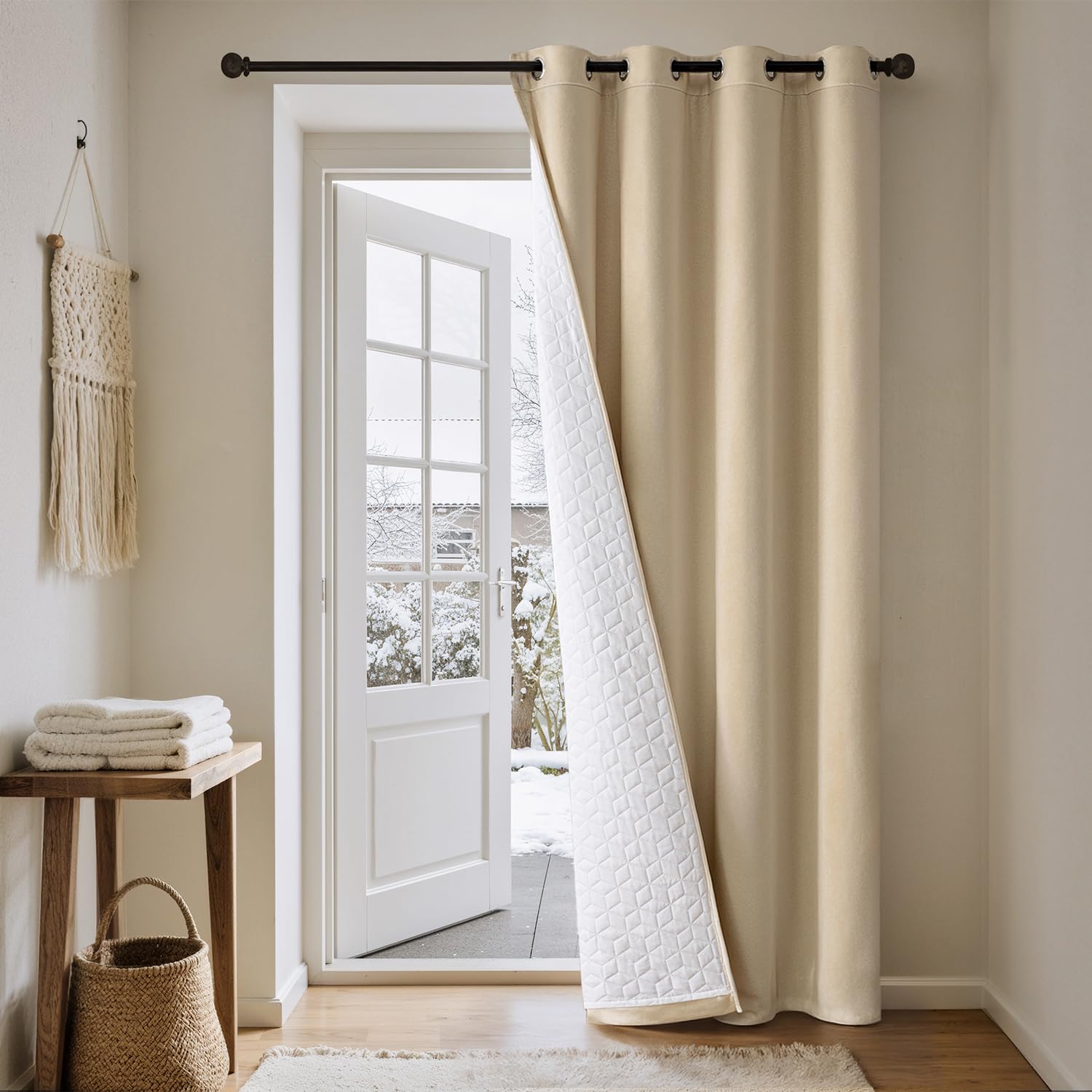 MIULEE Thermovorhang Samt, Kälteschutz Wärmevorhang, Beige, 132x225cm 1er | Doppellagiger Samt-Thermovorhang mit Gestepptem Futter, Blickdicht, Kälteschutz für Haustüren im Winter