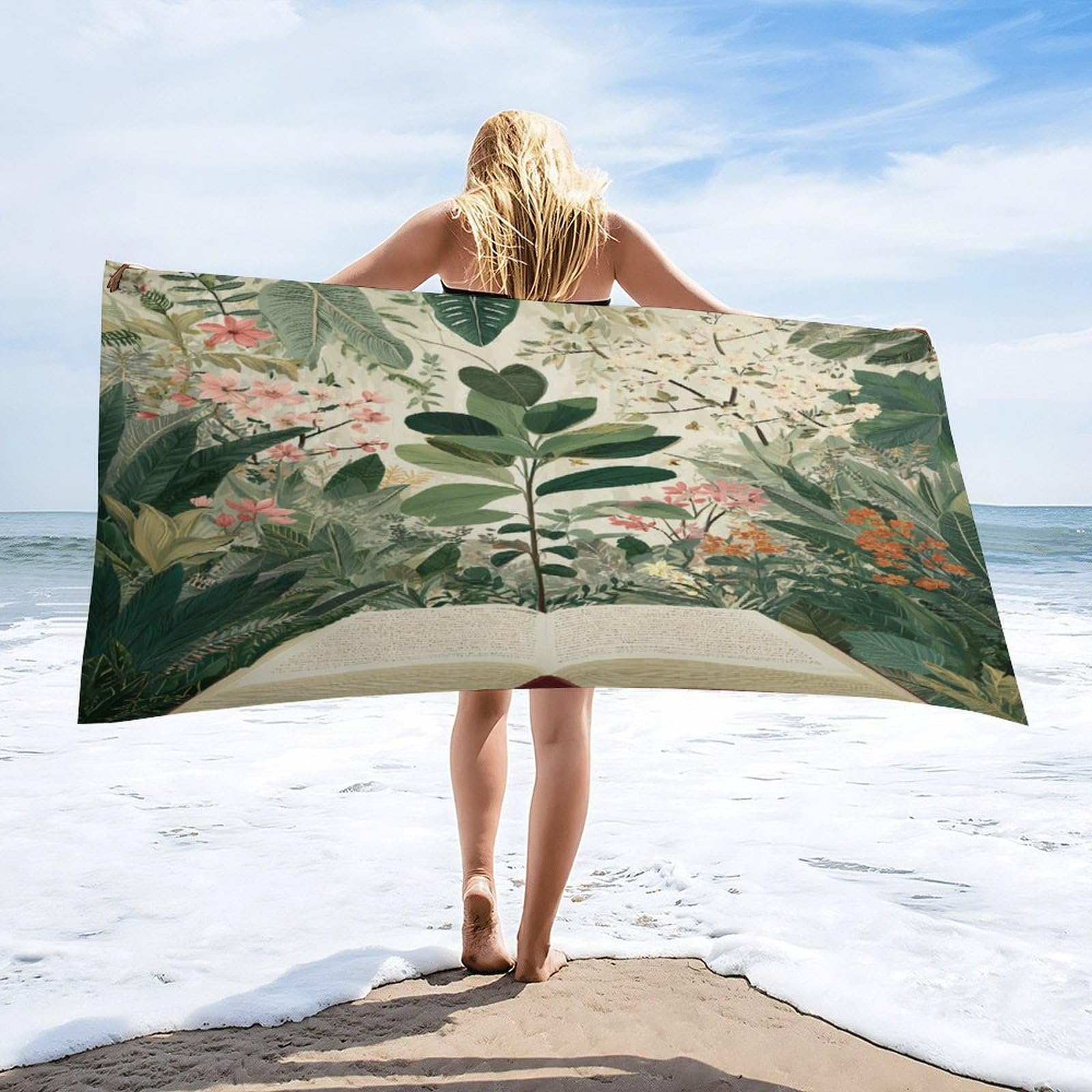 Luyysky Vintage Colorful Book Pattern Quick-Drying Beach Towel, Mid Century Minimalist Botanical Plant Flowers Green Leaves Travel Vacation Single Sided Pile Bathroom Towels-80 W Cm X 160" L Cm