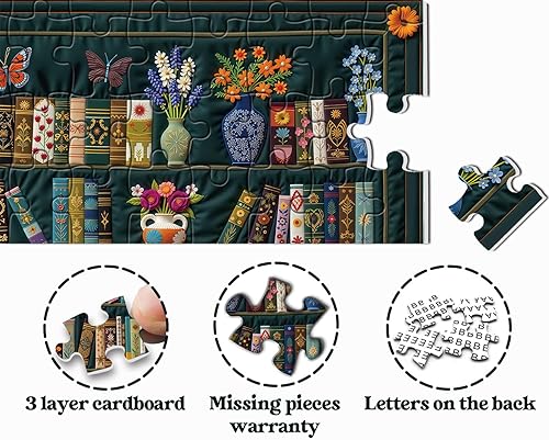 Miniatura 5 de Rompecabezas de estantería vintage de 1000 piezas para adultos, rompecabezas de libro floral de páginas de flores silvestres, rompecabezas de