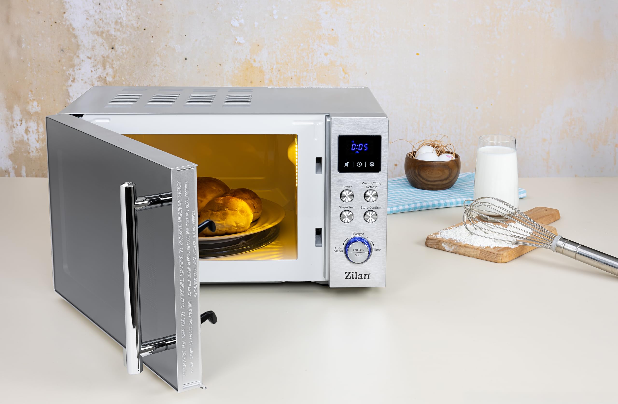 Micro-ondes 20 l - Miroir avant chromé avec 8 programmes automatiques - 6 niveaux de puissance - Écran LED - Fonction décongélation - Sécurité enfant - Minuterie - Cuisson express - Silent Mode