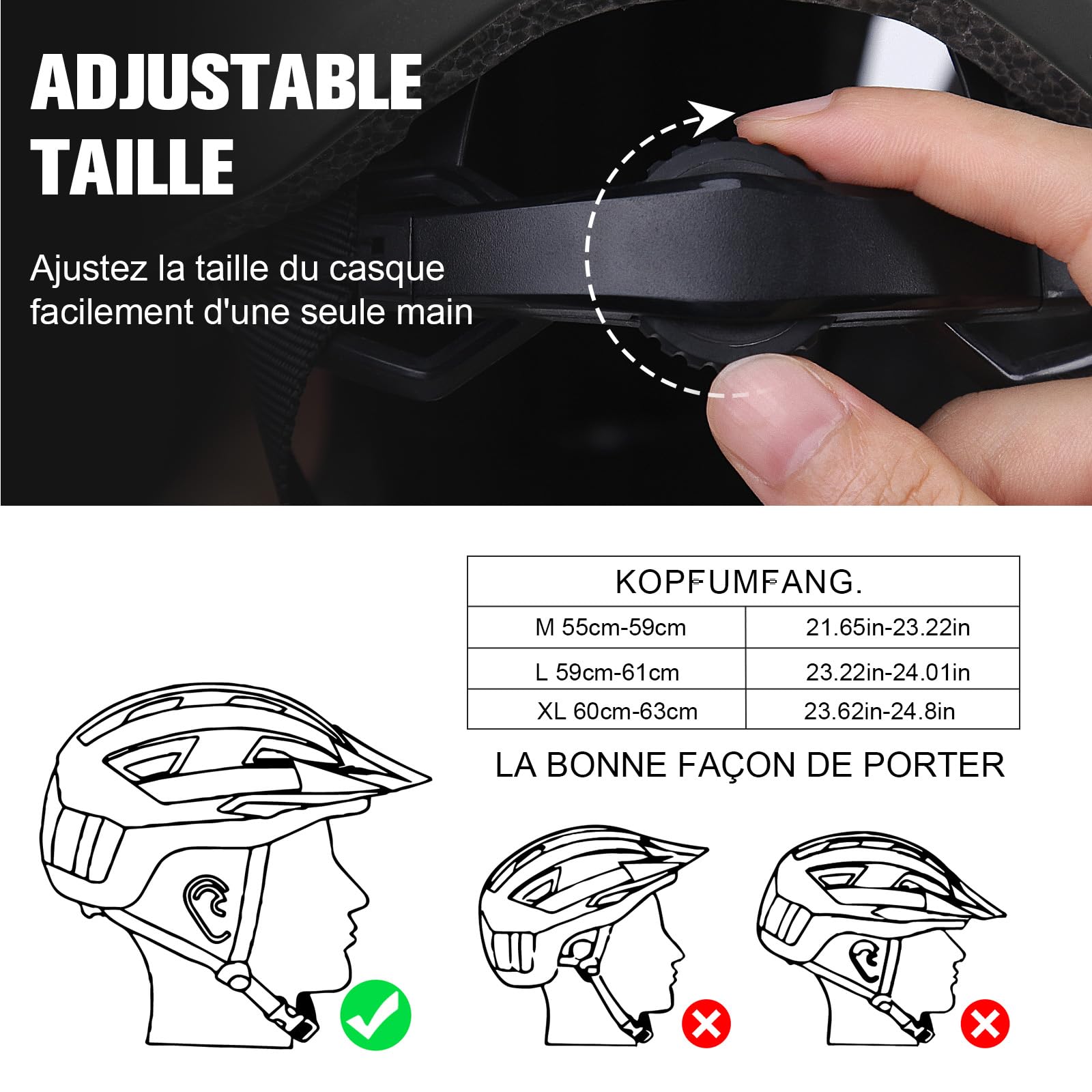 KINGLEAD Casque de vélo léger avec lumière LED avant et arrière 5 modes cyclisme trekking