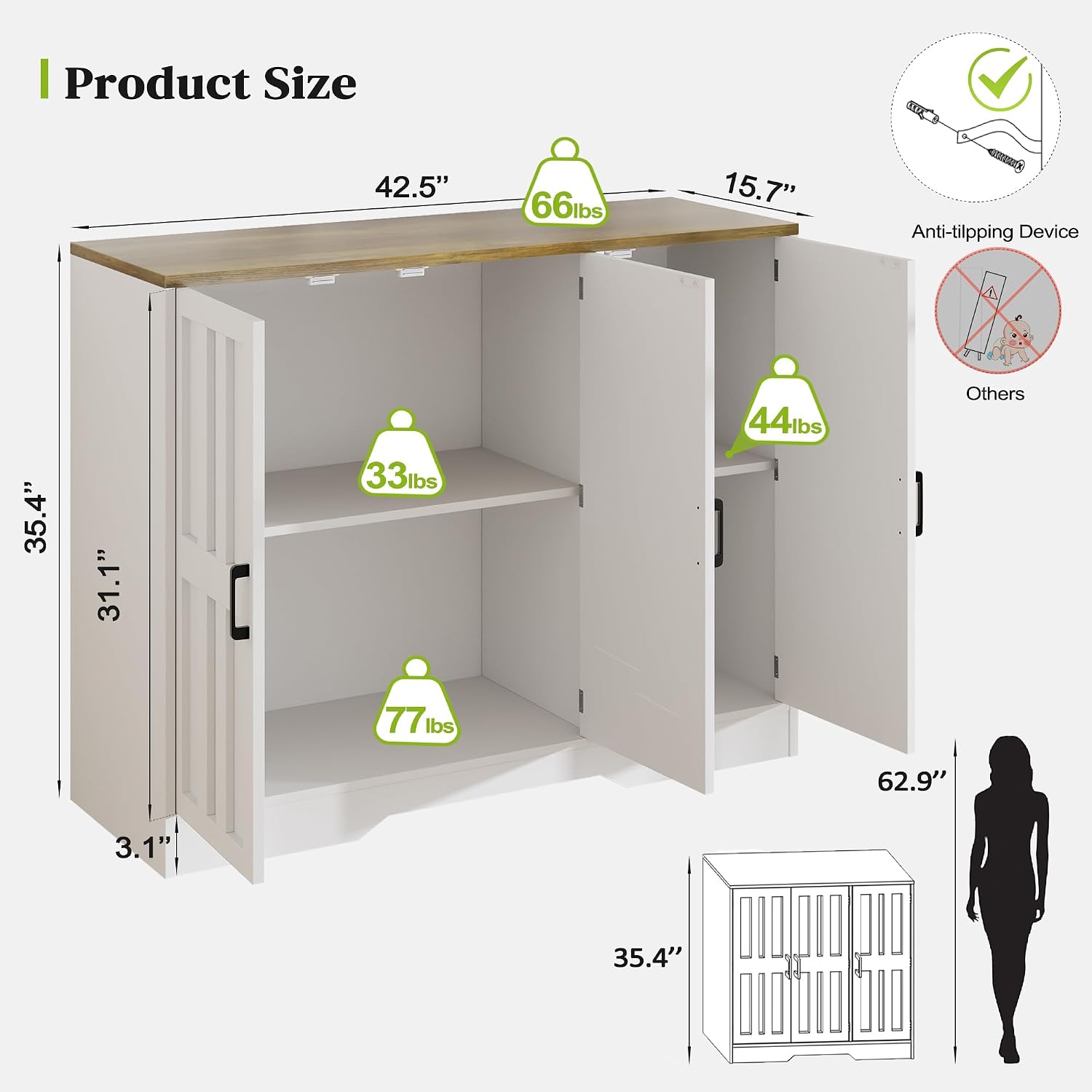 Farmhouse Sideboard Buffet Cabinet with Doors, 42.5" Kitchen Storage Cabinets for Hallway, Living Room (Classical White)