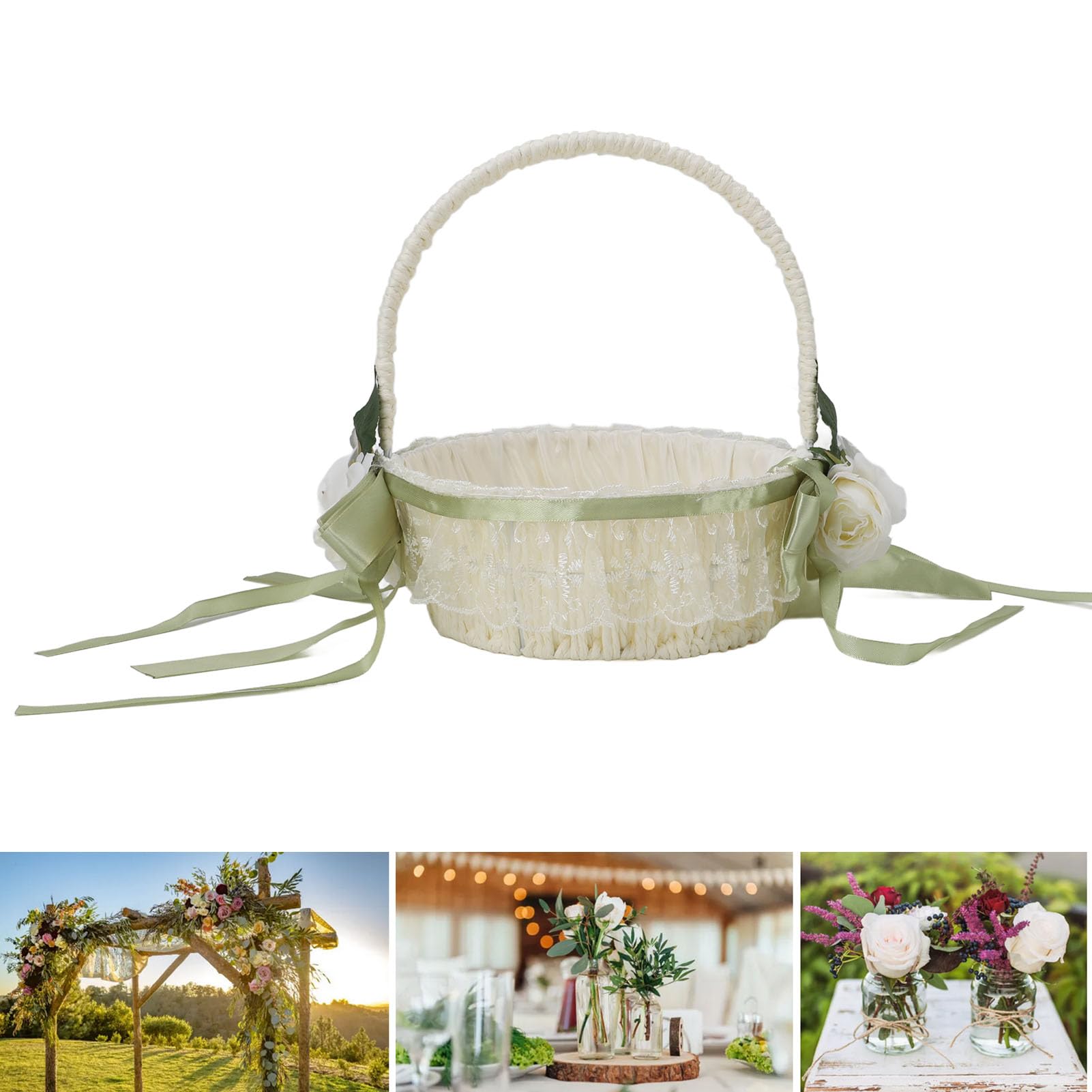 Satin-Hochzeitskorb & Ringkissen Set – Weiß/elfenbein, Mit Kirschen-Schleife, Für Blumenmädchen & Ringträger