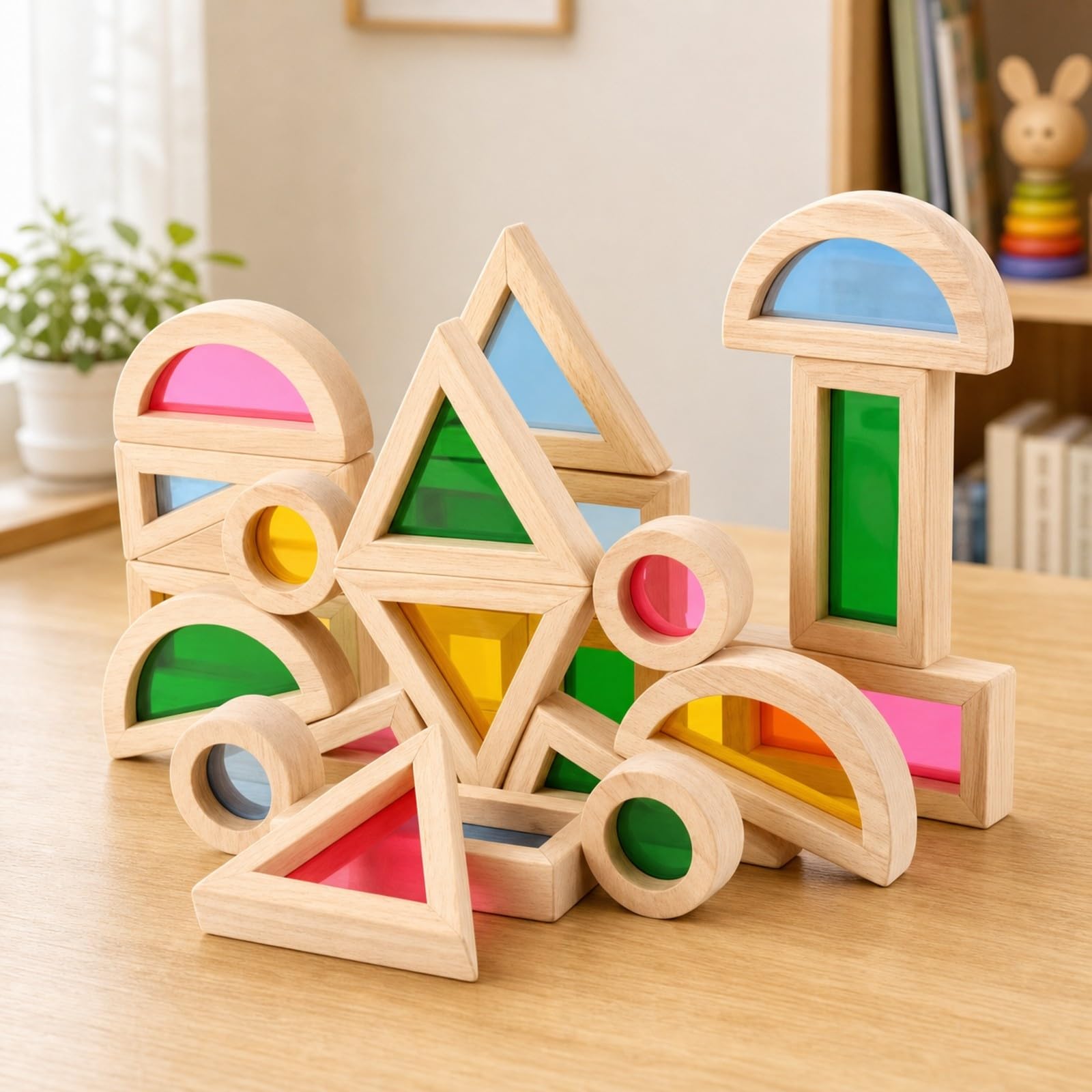 Blocchi da Costruzione in Legno Colorato | Sensoriale, Costruzioni in Legno con Inserti Colorati, Traslucido, per Scuola Dell'infanzia, Area Giochi, Bambini, Neonati, Stile A