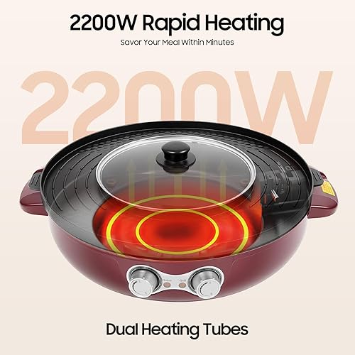 Miniatura 4 de Asador eléctrico 2 en 1 y olla caliente - Calentamiento rápido de 2200 W, olla caliente de doble compartimento de 0.95 galones, sartén antiadherente