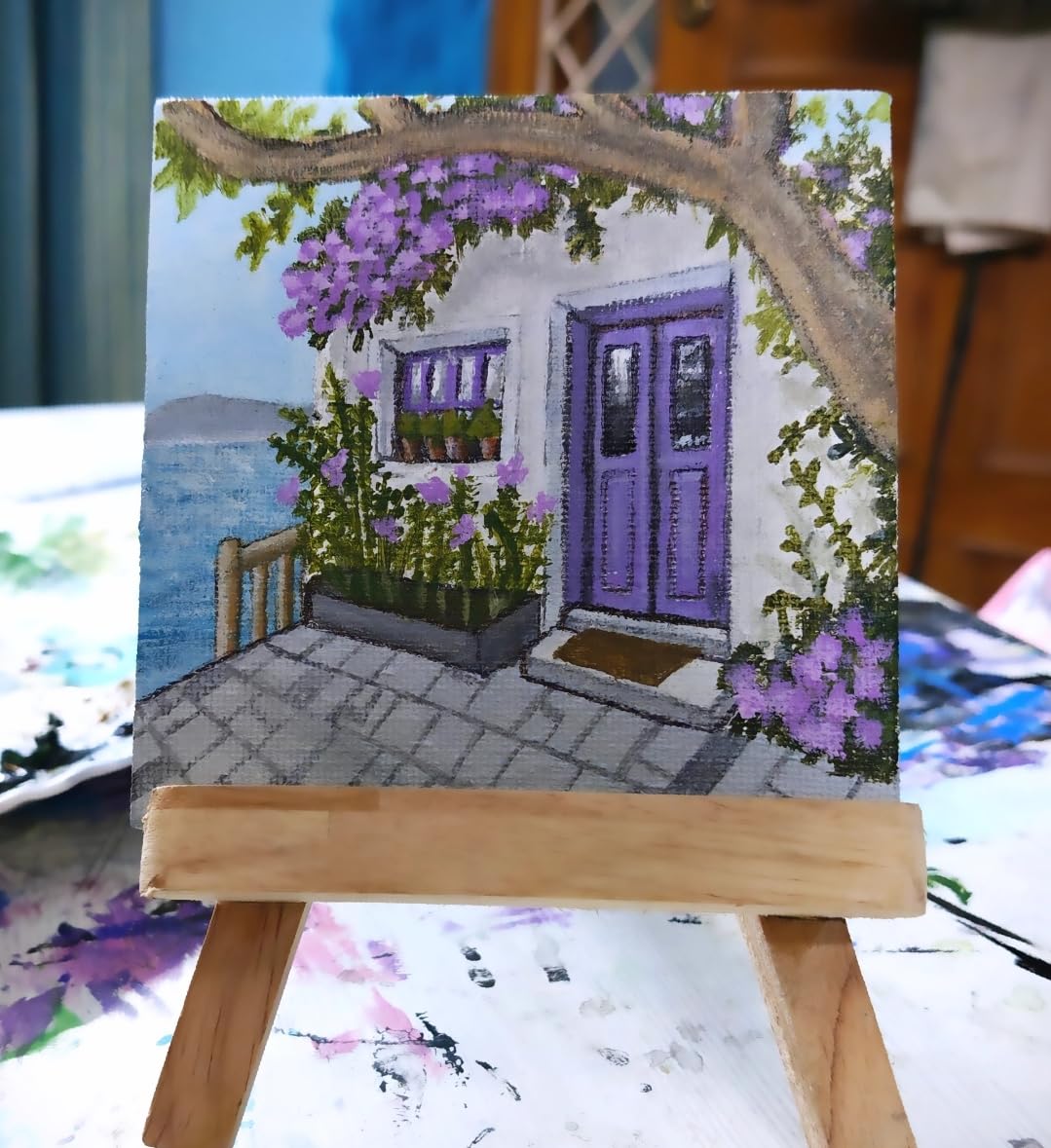 Mediterranean Seaside Mini Canvas Art, 4x4 Inch Acrylic Painting with Purple Door Scene, Wooden Display Easel, Decorative Tabletop Artwork