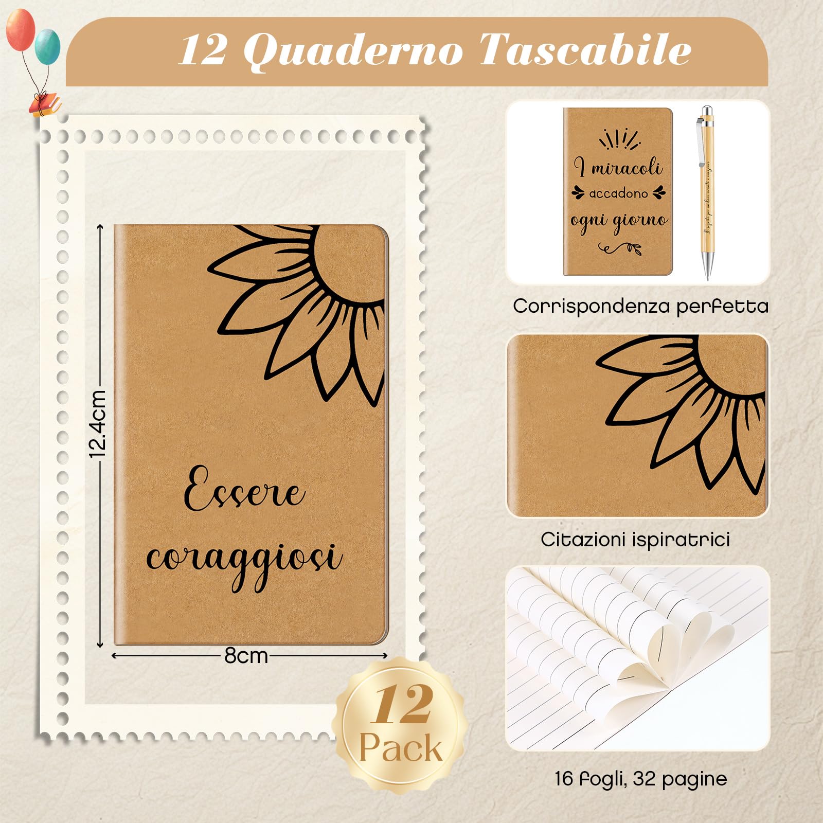 Tenare 12 Set Regalo Motivazionale Insegnanti Quaderni Ispirazione Italiana 12,4 x 8cm Mini Diario Penne Sfera