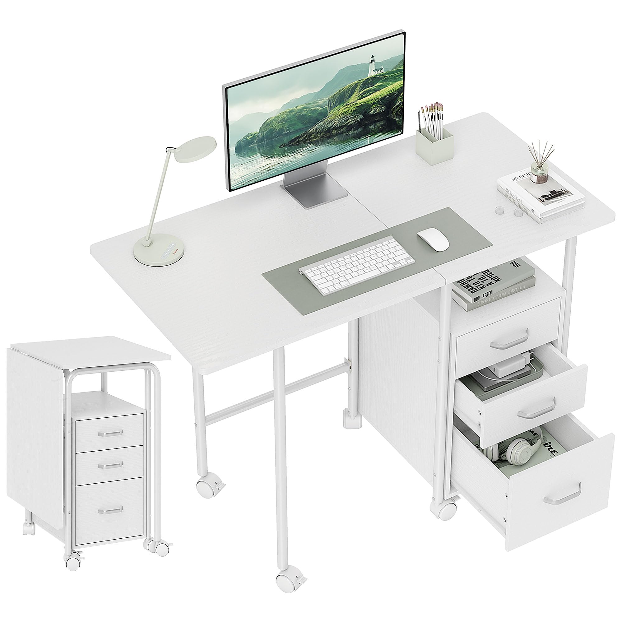 HOMCOM Escritorio Plegable con Ruedas y 3 cajones 105x51x75,5 cm Blanco | Escritorio para ordenador, sobre extensible, estructura de acero, para teletrabajo, dormitorio, estudio, estilo moderno.