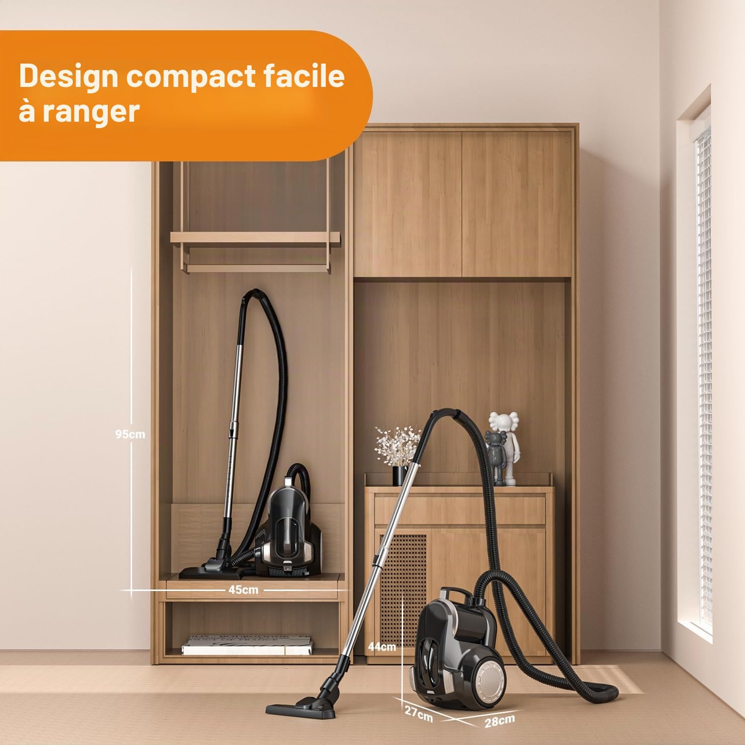Aspirateur sans sac 1200 W - Forte puissance d'aspiration - Compact et léger - Sans sac - Silencieux < 70 dB - Réservoir à poussière de 2,5 l - Buse de sol pour sols durs et tapis - Filtre