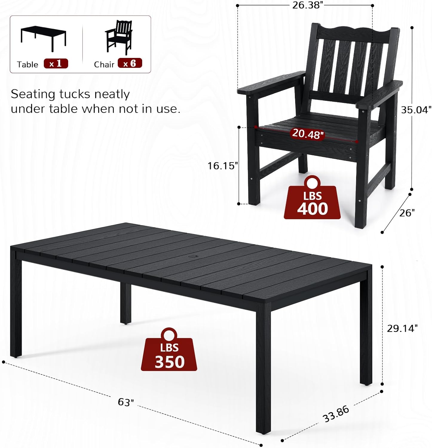 Stoog All-Weather Patio Dining Table for 6, 63" Waterproof HIPS Material Dining Table with Umbrella Hole, Never Rot or Fade, Black