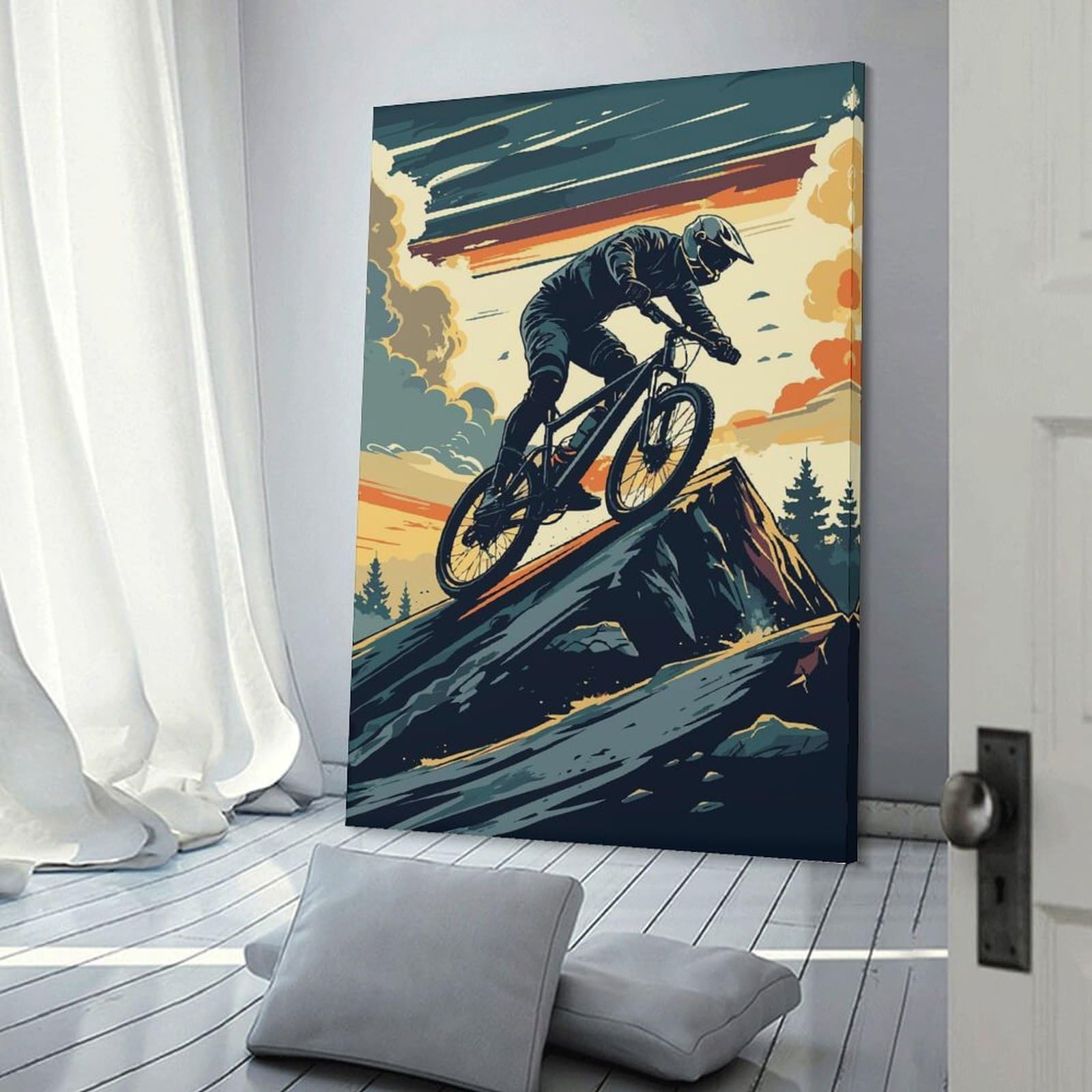 Junmoney Mountain Biker on Peak, Digital Art Canvas Art Print, 24x36inch(60x90cm), for Wall Displays, Bedrooms Or Room Updates, Home Wall Art for Statement Displays