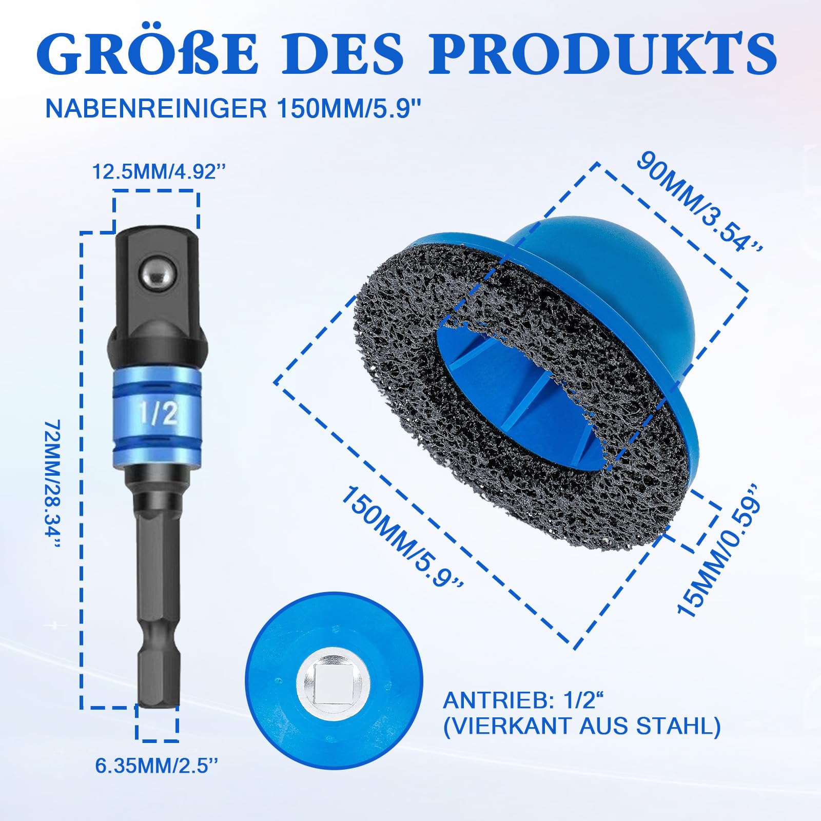Juego de lijadora de rueda con adaptador de destornillador de 1/2" y 2 discos abrasivos de carburo de silicio, limpiador de bujes de rueda para eliminar el óxido, lijadora de bujes de 150 mm