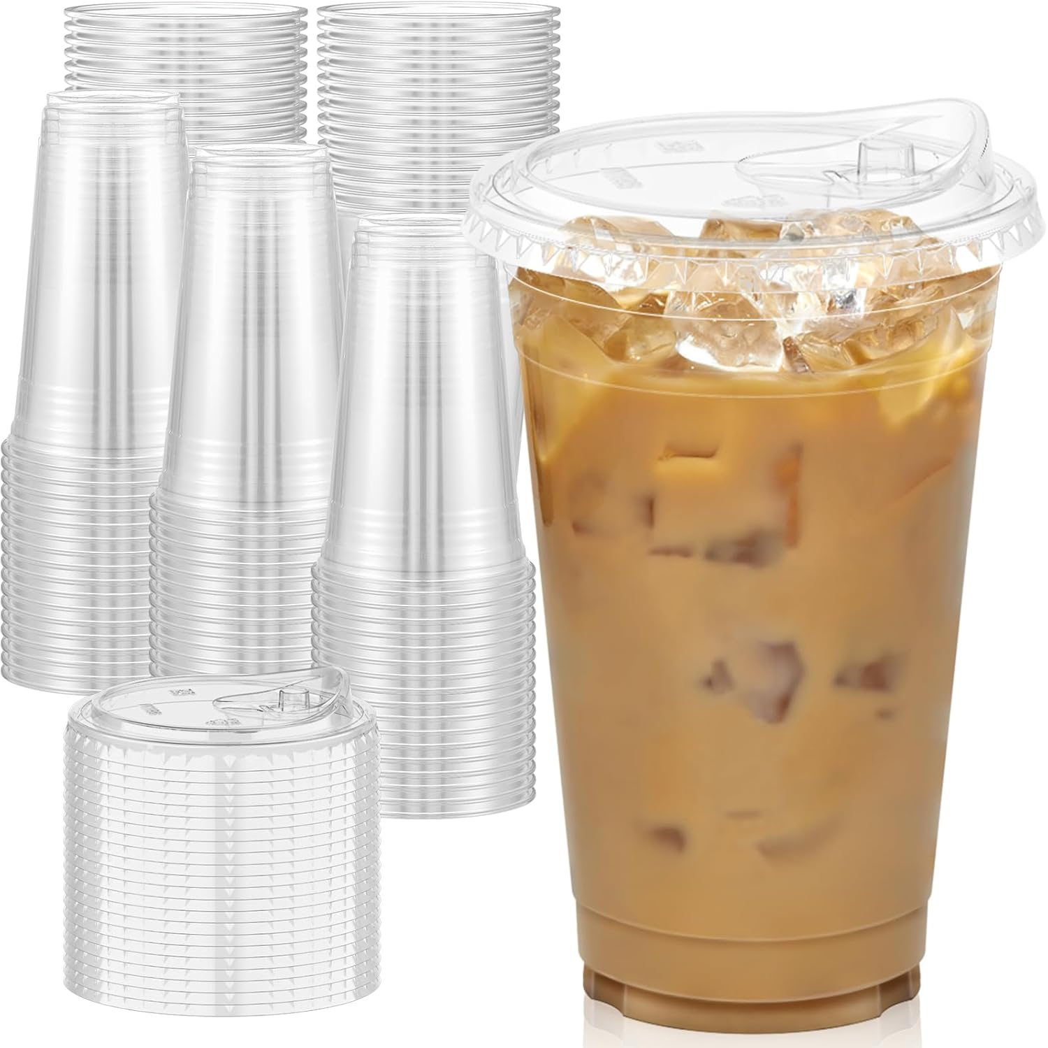 100 Pack - 20 oz Clear Plastic Cups with Lids, Sturdy & Food Safe Iced Coffee Cups with lids, Iced Coffee Cup, Disposable Cups Plastic Coffee Cups Smoothie Cups for Cold Drinks, Sip Lids 20 oz 100.0