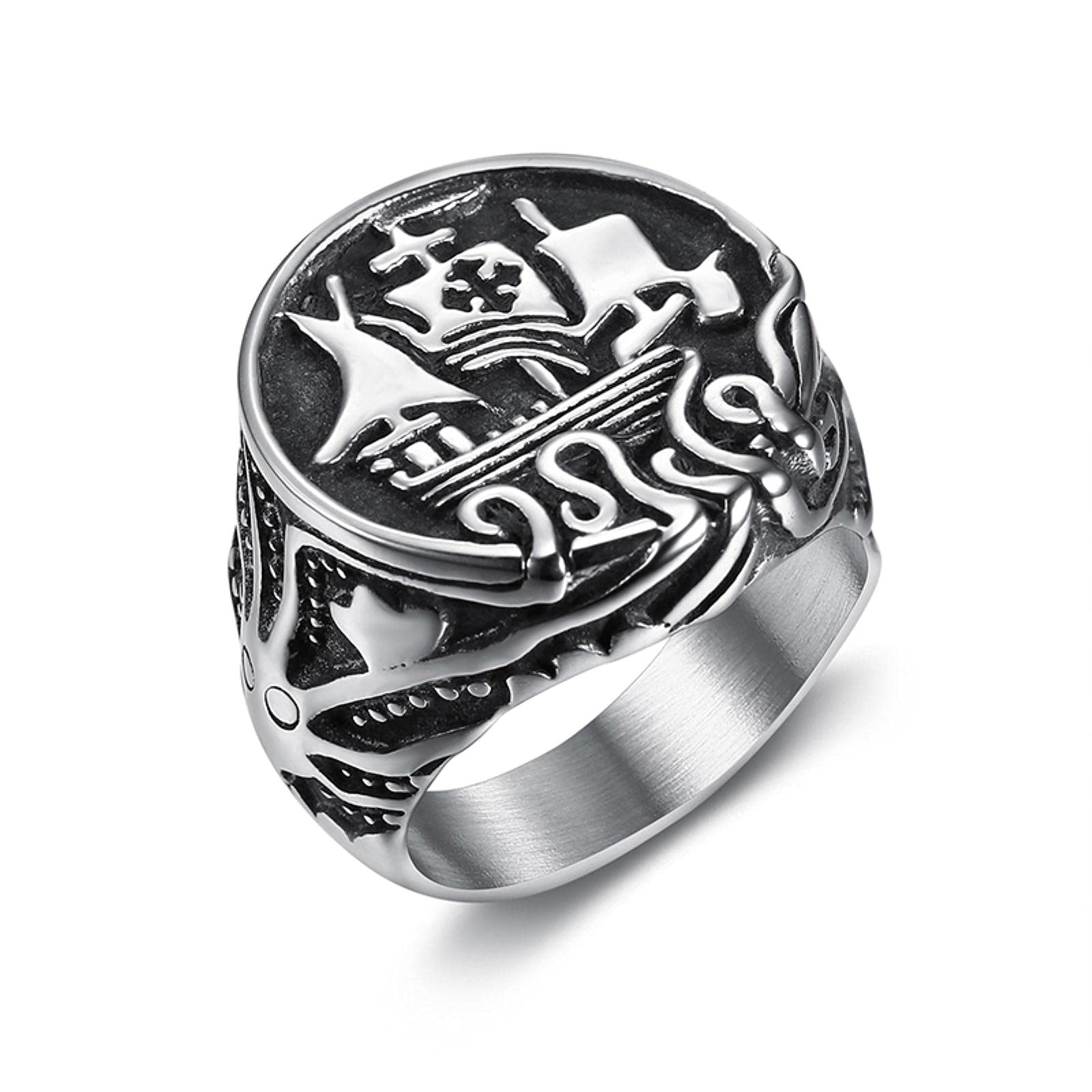 Hcma Men's Green Vintage Stainless Steel Viking Rings Unique Octopus Tentacle Pirate Ship Ring Norse Amulet Jewelry Gift Us Size 7-15
