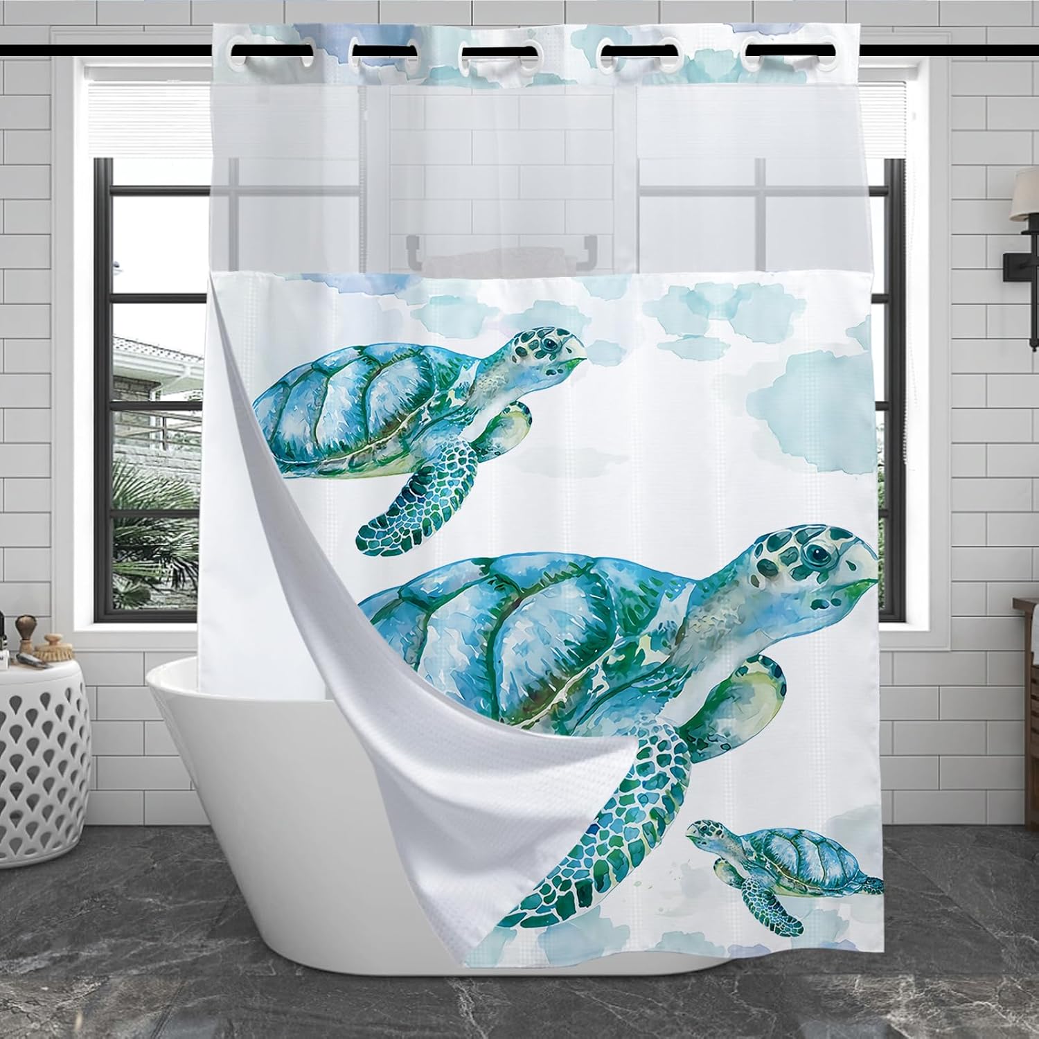 Turtle Cute Shower Curtain for Bathroom, Waterproof Waffle Ocean Beach Nautical Shower Curtain with Snap in Fabric Liner Set, Heavy Duty Shower Curtains Hotel Spa Luxury Polyester 72Wx74H No Hook