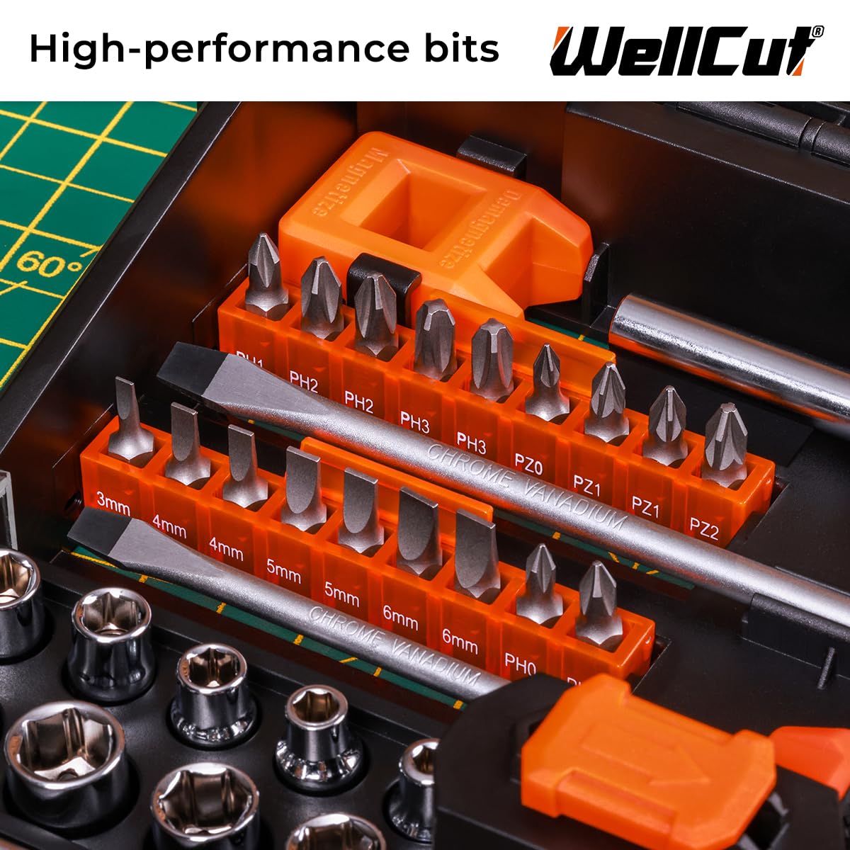 WELLCUT WC-RSD63 Jeu de 63 tournevis à cliquet de précision et poignée antidérapante et embouts magnétiques en acier robuste dans un étui portable pour bricolage et application professionnelle