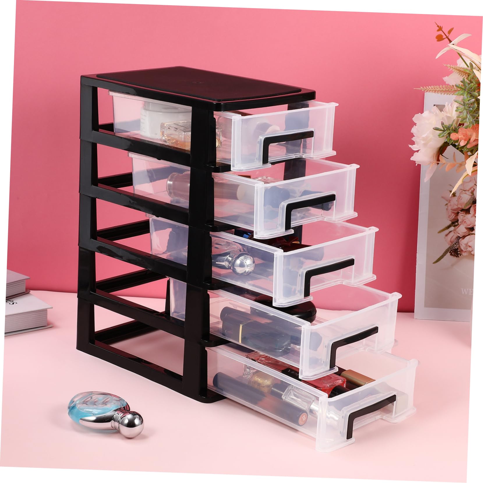 Cassettiera trasparente con 5 cassetti in plastica per cancelleria e cosmetici, piccola cassettiera da scrivania, 21,1 x 15,2 x 31,3 cm, ideale per casa e ufficio