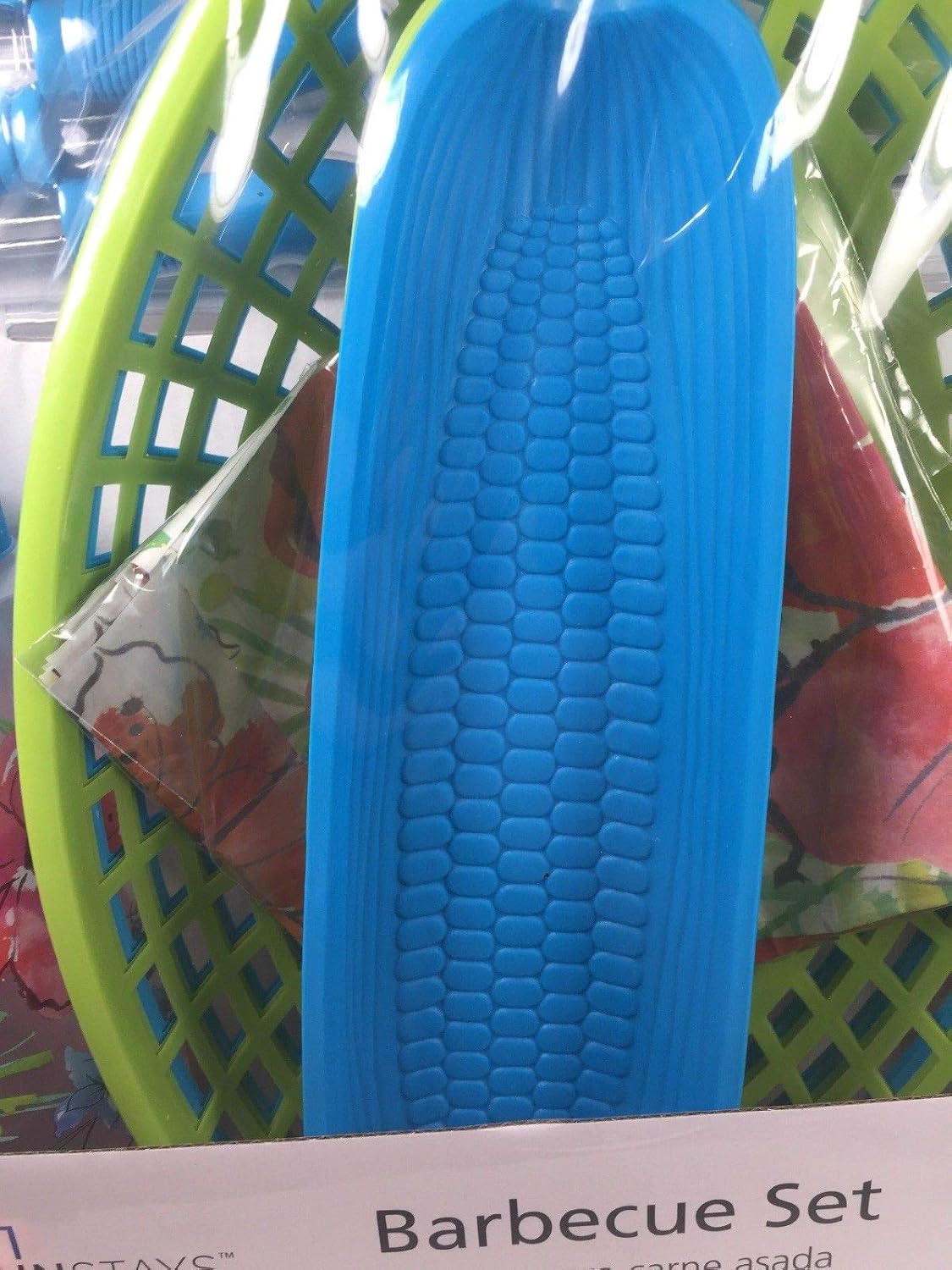 🔥 Hot Deals BBQ Picnic Serving Set with Green & Blue Plastic Hamburger Baskets, Floral Food Basket Liners, Corn Trays with Corn Cob Holders, Ketchup & Mustard Condiment Bottle