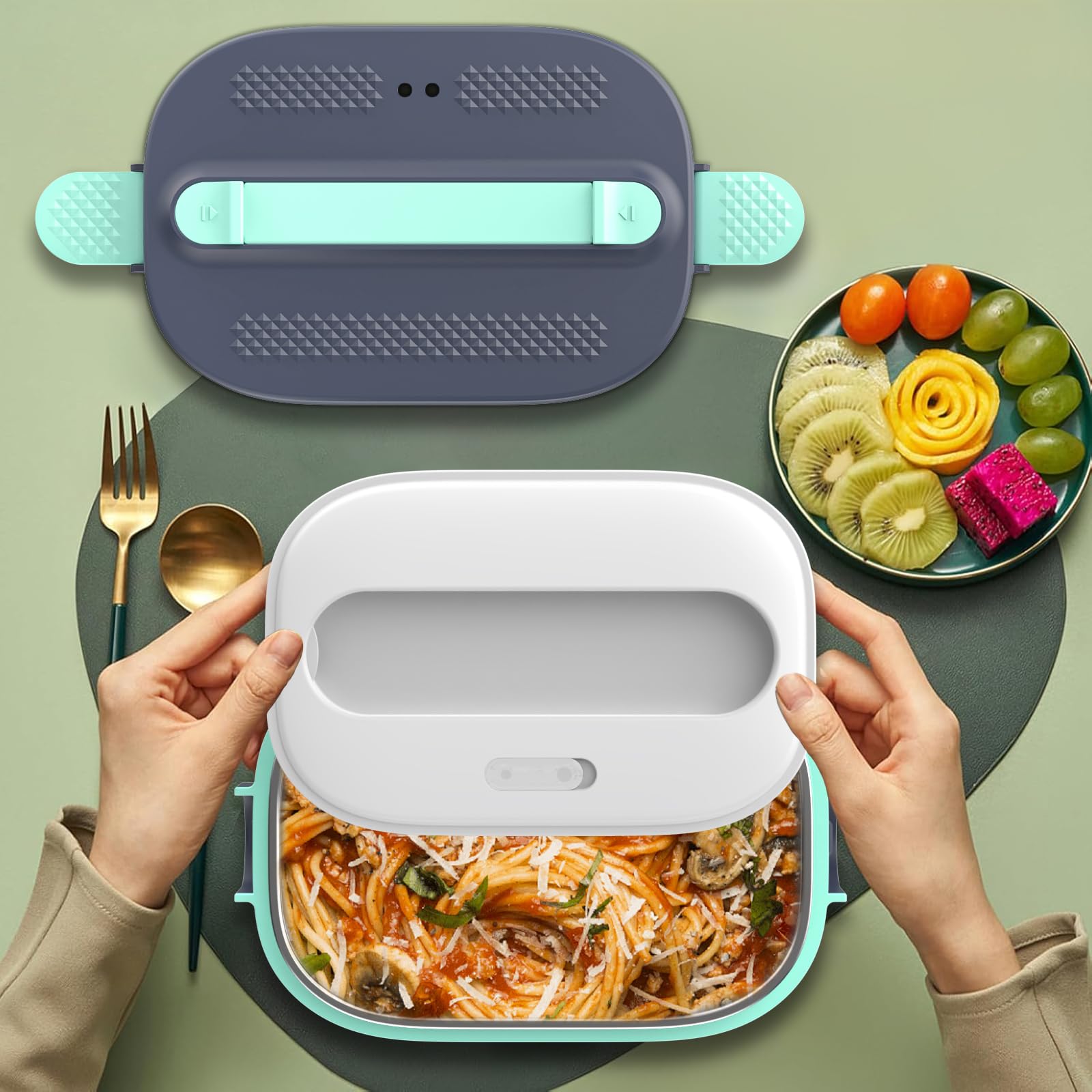 LEAZZLE Gamelle Chauffante 200W Acier Inoxydable Avec Couverts Et Sac - Lunch Box Repas Chaud Bureau