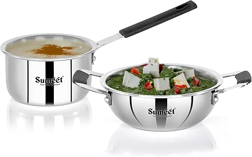 Sumeet Cook Smart ISI Certified Tri-Ply (Steel – Aluminium – Steel) Set of 3 Pcs Mini Kadai 370ml – SauceTadka Pan 450ml with Silicon Grip |…