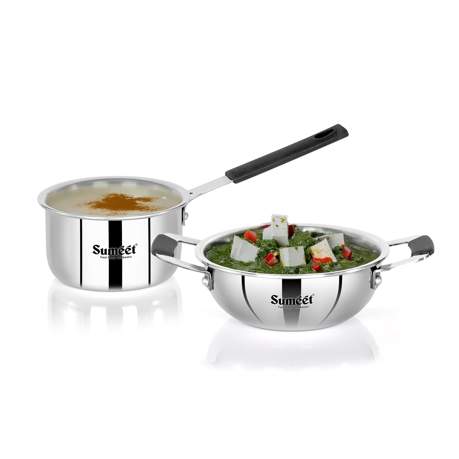 Sumeet Cook Smart ISI Certified Tri-Ply (Steel – Aluminium – Steel) Set of 3 Pcs Mini Kadai 370ml – SauceTadka Pan 450ml with Silicon Grip | Induction and Gas Friendly | 2.5mm Thick, Silver