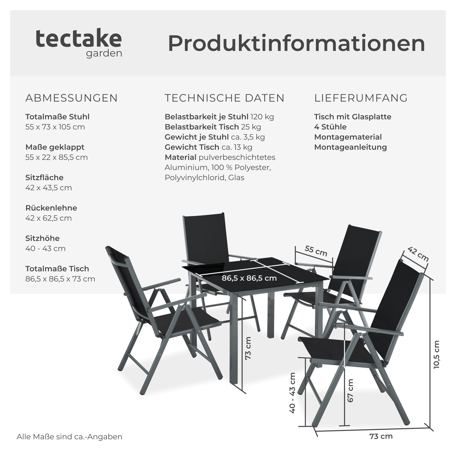 tectake® Gartenmöbel Set mit Tisch und 4 klappbaren Stühlen mit Verstellbarer Rückenlehne, Aluminium Gartenmöbel 4+1, Sicherheitsglas Tischplatte, Gartentisch mit Stühlen, wetterfest - anthrazit