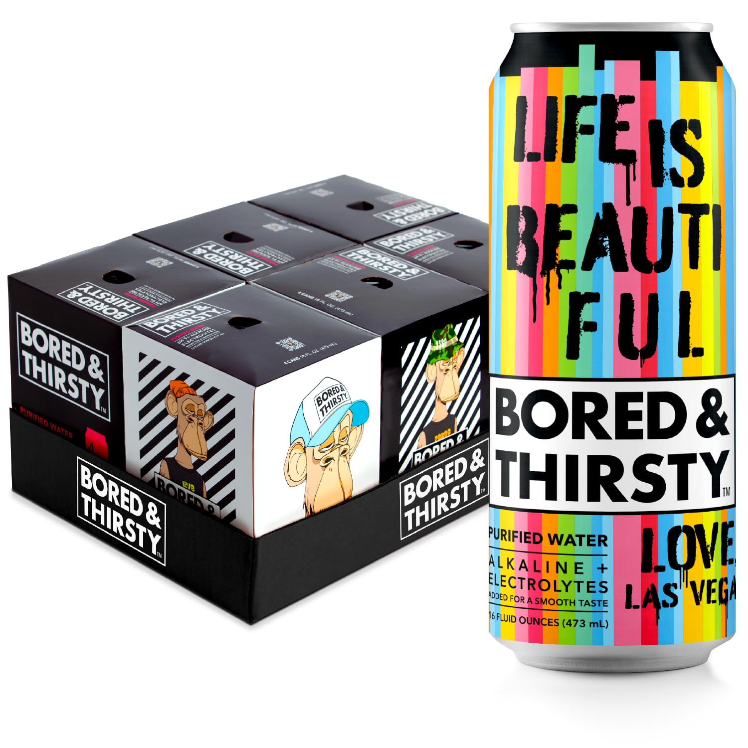 Bored & Thirsty Alkaline Canned Water - 24 Pack, 16oz, 9.0+ pH, Electrolytes, Trace Minerals - Limited Edition Art, 100% Recyclable