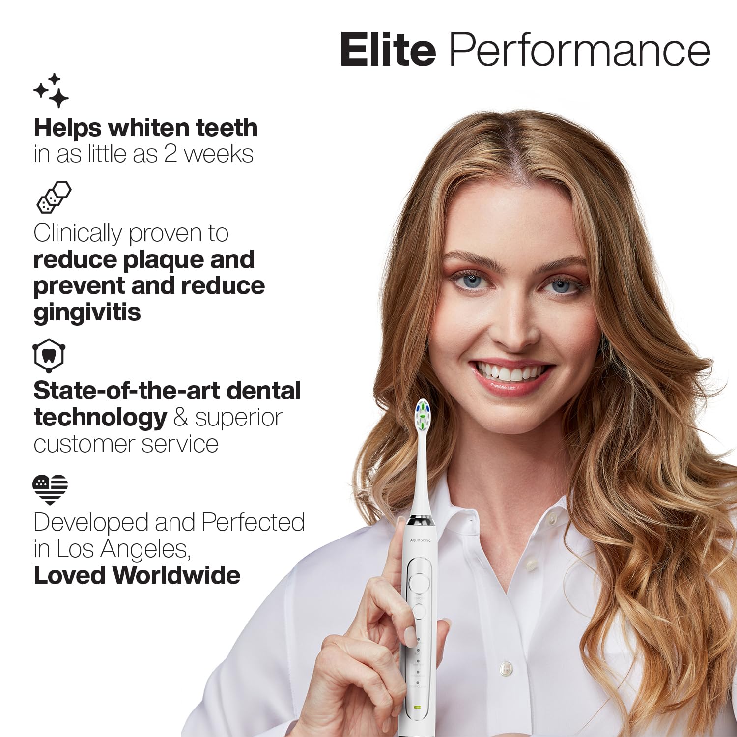 Aquasonic Elite - Spazzolino da denti ultra sbiancante ADA Accepted Power, 8 testine Proflex e custodia da viaggio, motore 50.000 VPM e ricarica wireless, 5 modalità con timer intelligente (bianco)