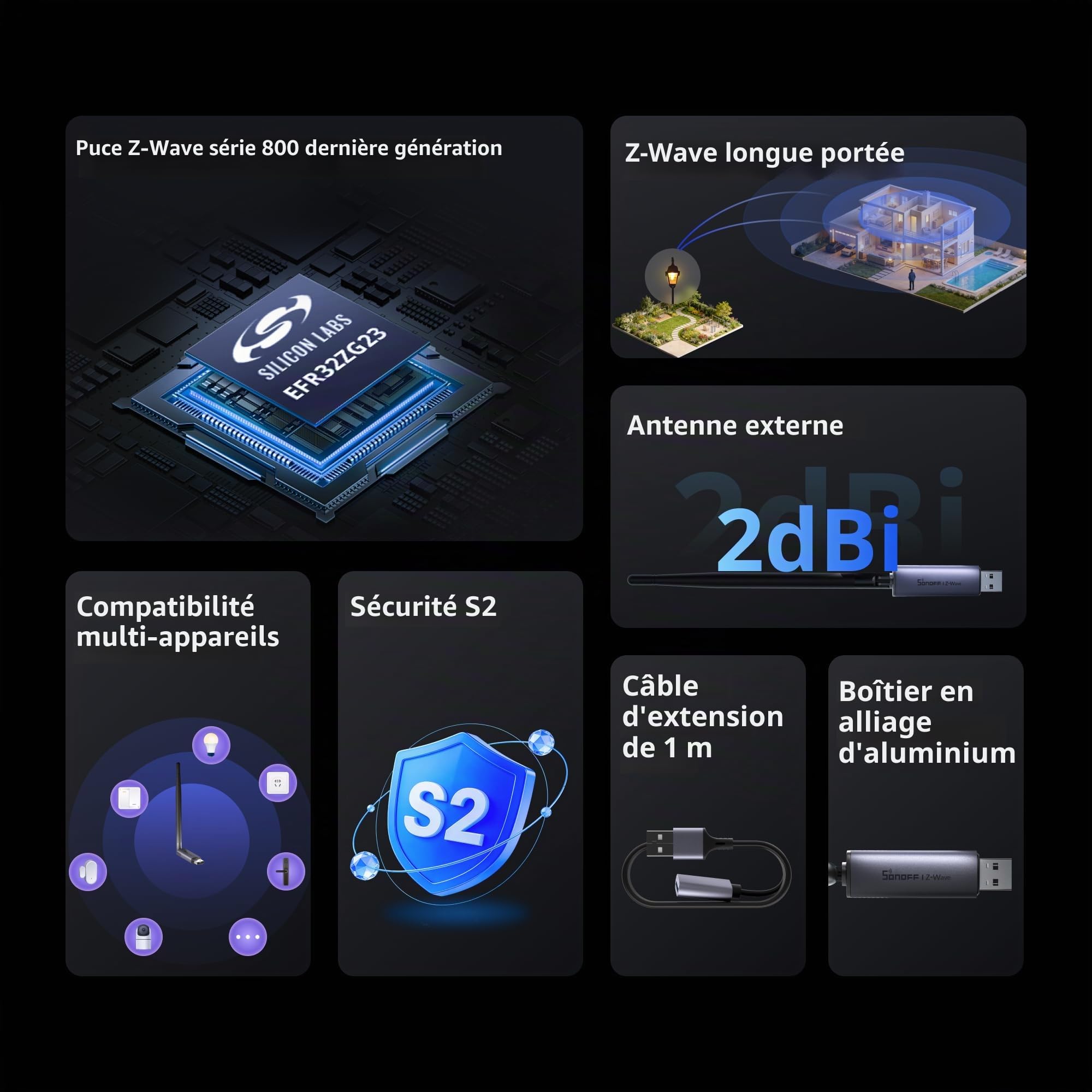 SONOFF Z-Wave 800 Dongle Plus Dongle-PZG23 Clé USB EFR32ZG23 Compatible Home Assistant OpenHAB Sécurité S2 Contrôle Smart Home