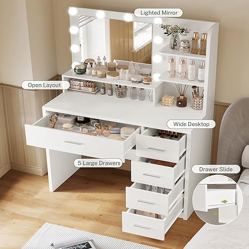 Miniatura 3 de Escritorio de maquillaje con espejo y luces, tocador con 5 cajones y 3 estantes de almacenamiento, 3 modos de color y brillo ajustable, tocador para