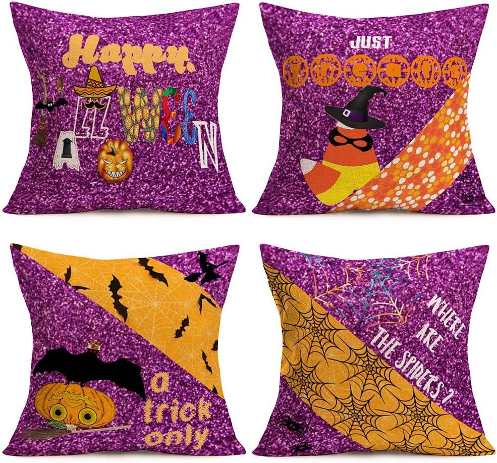 FukeenSet of 4 Fall Halloween Pumpkin Decorations Throw Pillow Covers Witch Spider Web Evil Bat Trick or Treats Pillow Cases Cotton Linen 18x18 Inch Happy Farmhouse Outdoor Decor Cushion Cover Purple