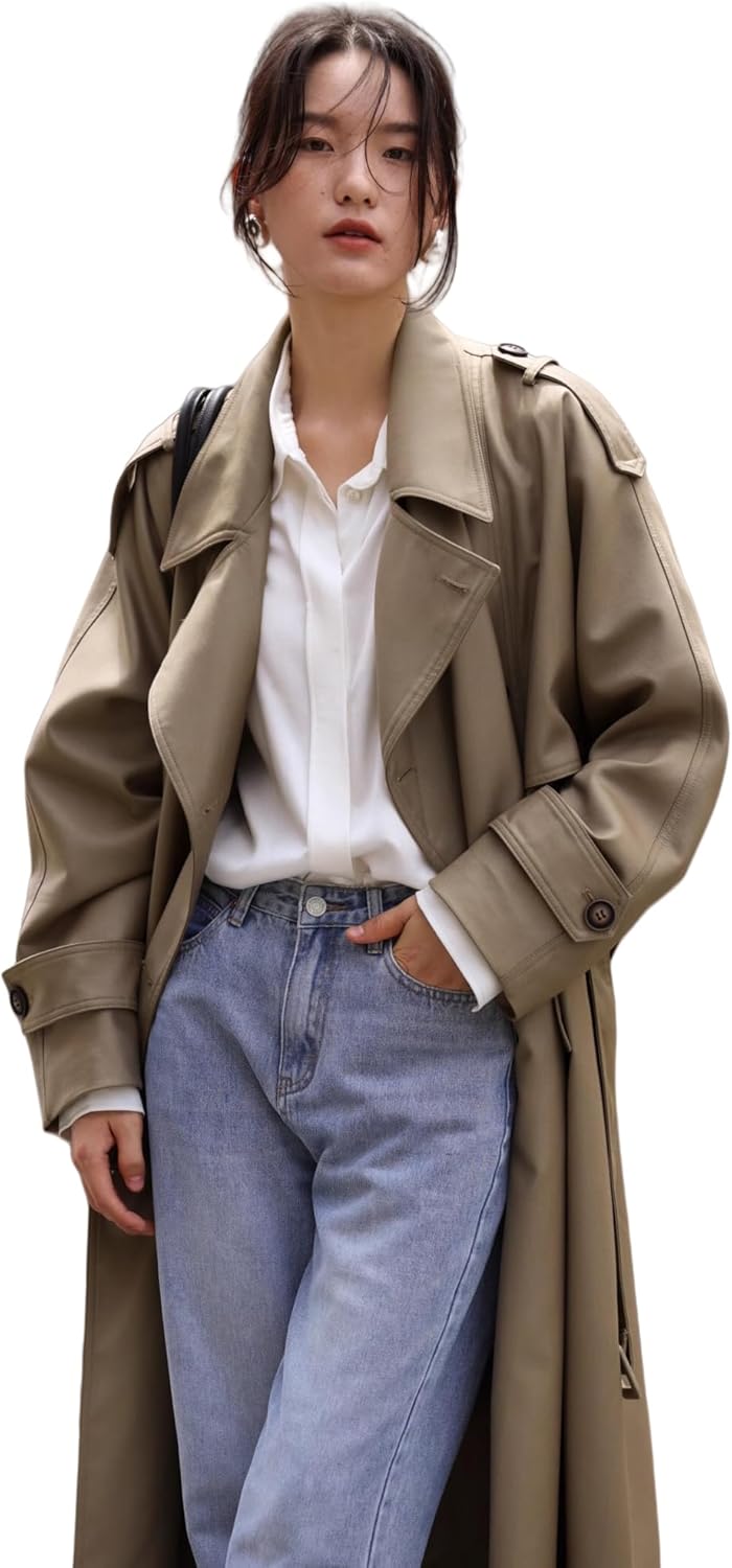 Classic Long Double-Breasted Women Trench Coats with Belt Spring Fall Outerwear Windbreaker Duster Coat for Ladies