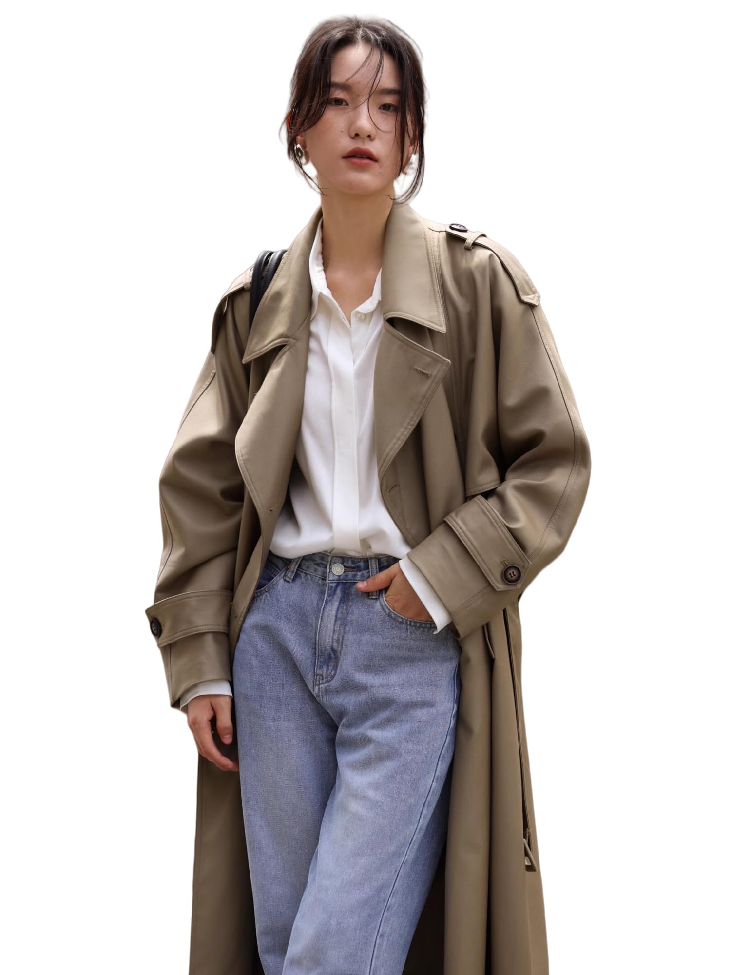 Classic Long Double-Breasted Women Trench Coats with Belt Spring Fall Outerwear Windbreaker Duster Coat for Ladies