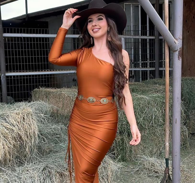 XZQTIVE Women Boho Chain Belts For Dresses Jeans Western Cowgirl Waist Links Belt Adjustable Metal Concho Belt 5