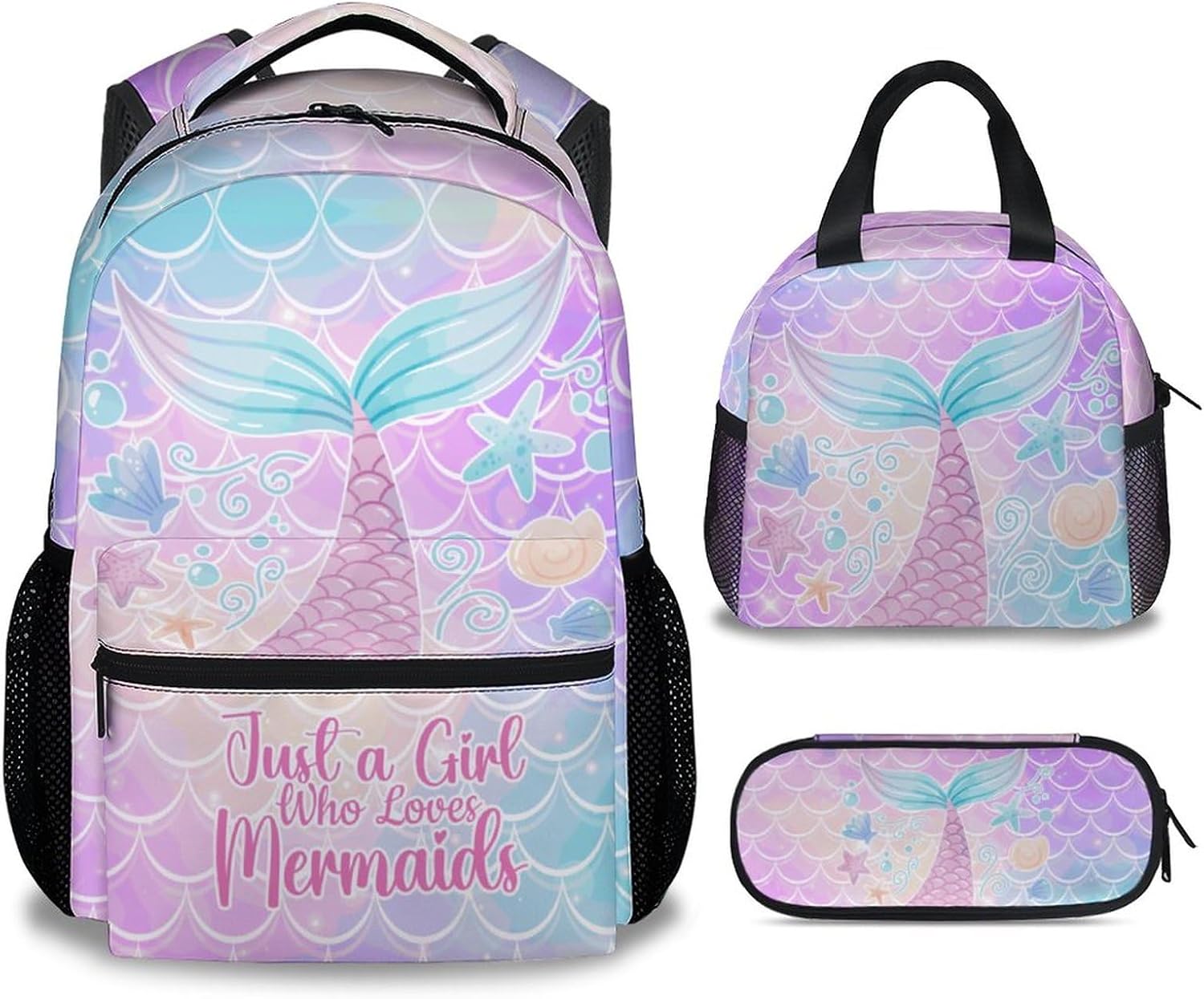 Personalized Mermaid School Backpack for Girls, 16 Inch Pink Backpacks for Kids, Cartoon, Durable, Lightweight, Large Capacity Bookbag for Travel