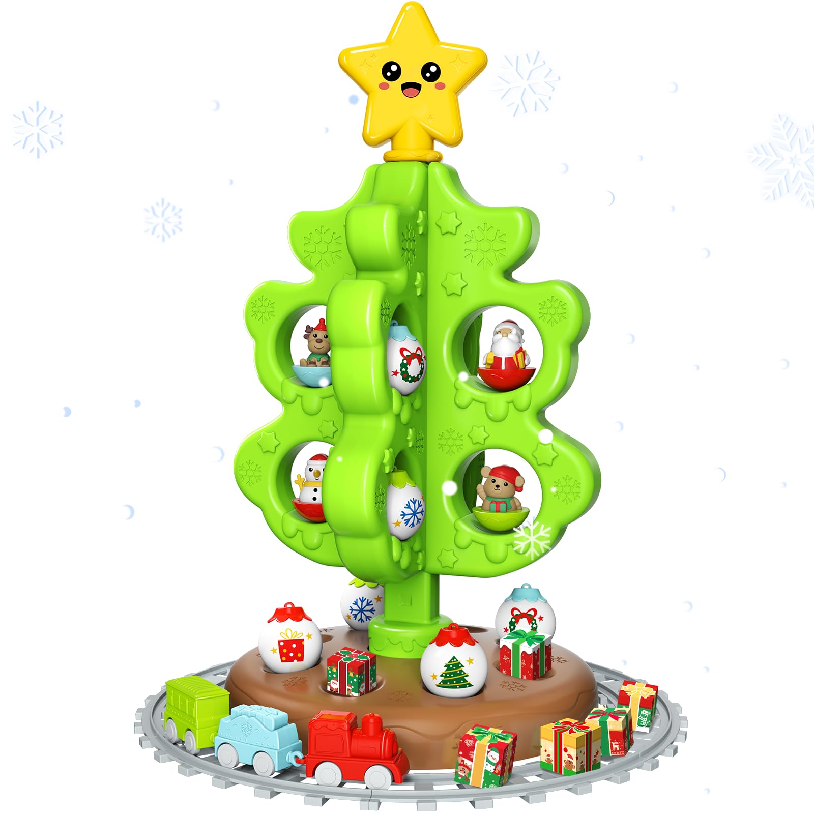My First Christmas Tree for Kids, Tree Toy Set with Hanging Decorations Ornaments, Xmas Tree with Snowman/Santa/Moose/Gifts Toys, DIY Train Set with Tracks for Boys Girls