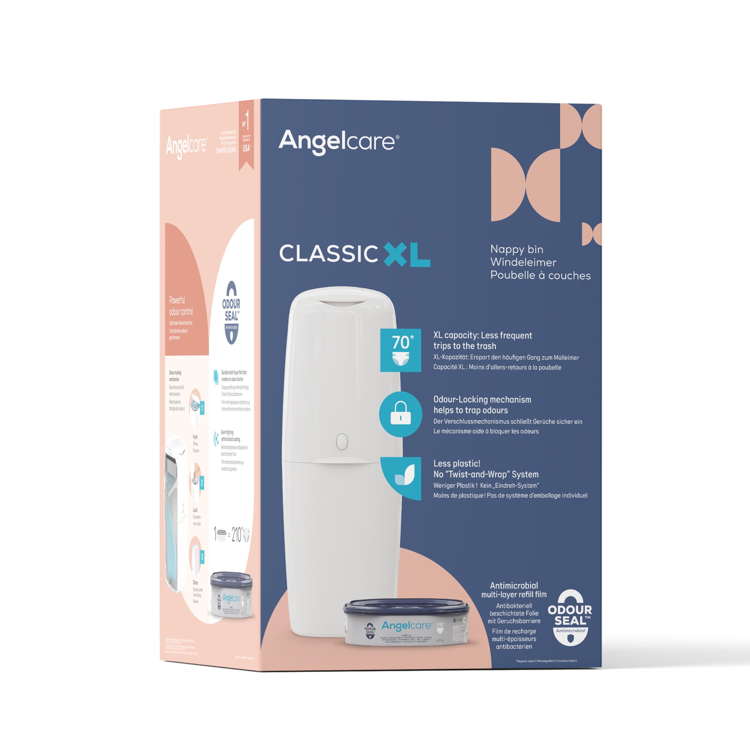 Angelcare Poubelle à Couches Classic XL avec Recharge Octogonale Anti-Odeur Haute Capacité (1 Mois - 190 Couches Taille 0)