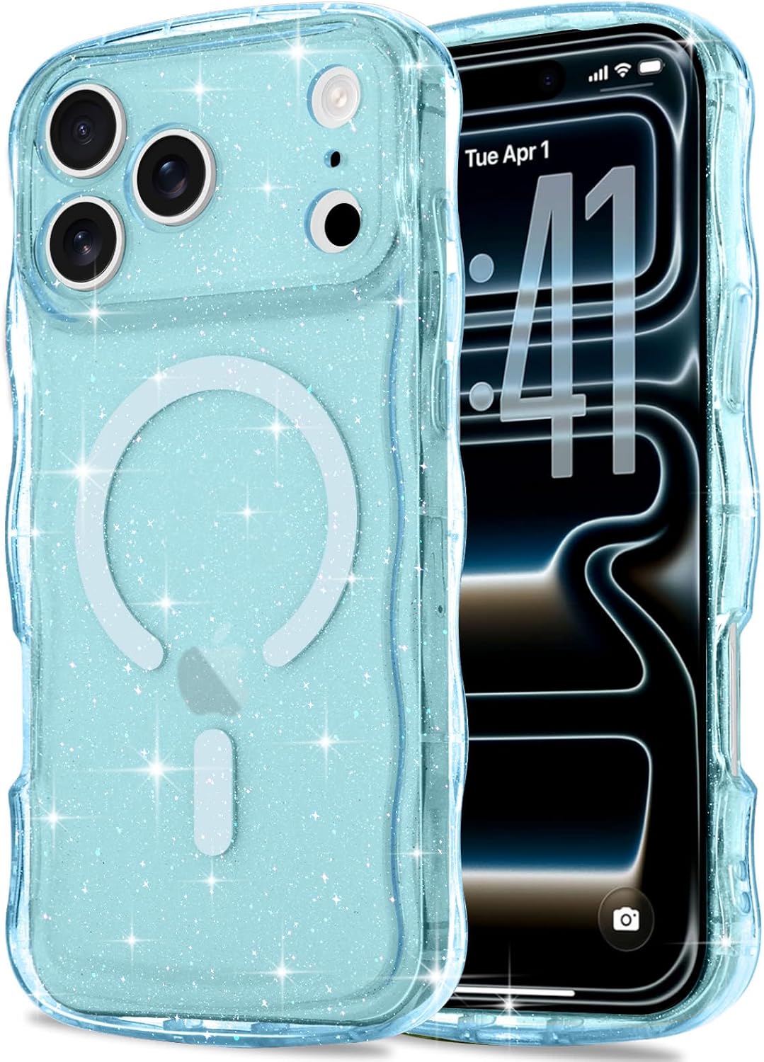 Product image of Magnetic for iPhone 17 Pro Max Case Clear, Sparkly Bling Glitter Cute Curly Wave Cover for Women Men Compatible with MagSafe TPU Shockproof Protective Phone Case for iPhone 17 Pro Max, Blue