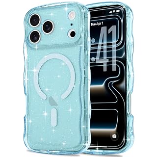 Magnetic for iPhone 17 Pro Max Case Clear, Sparkly Bling Glitter Cute Curly Wave Cover for Women Men Compatible with MagSafe TPU Shockproof Protective Phone Case for iPhone 17 Pro Max, Blue - Amazon product rated Grade A