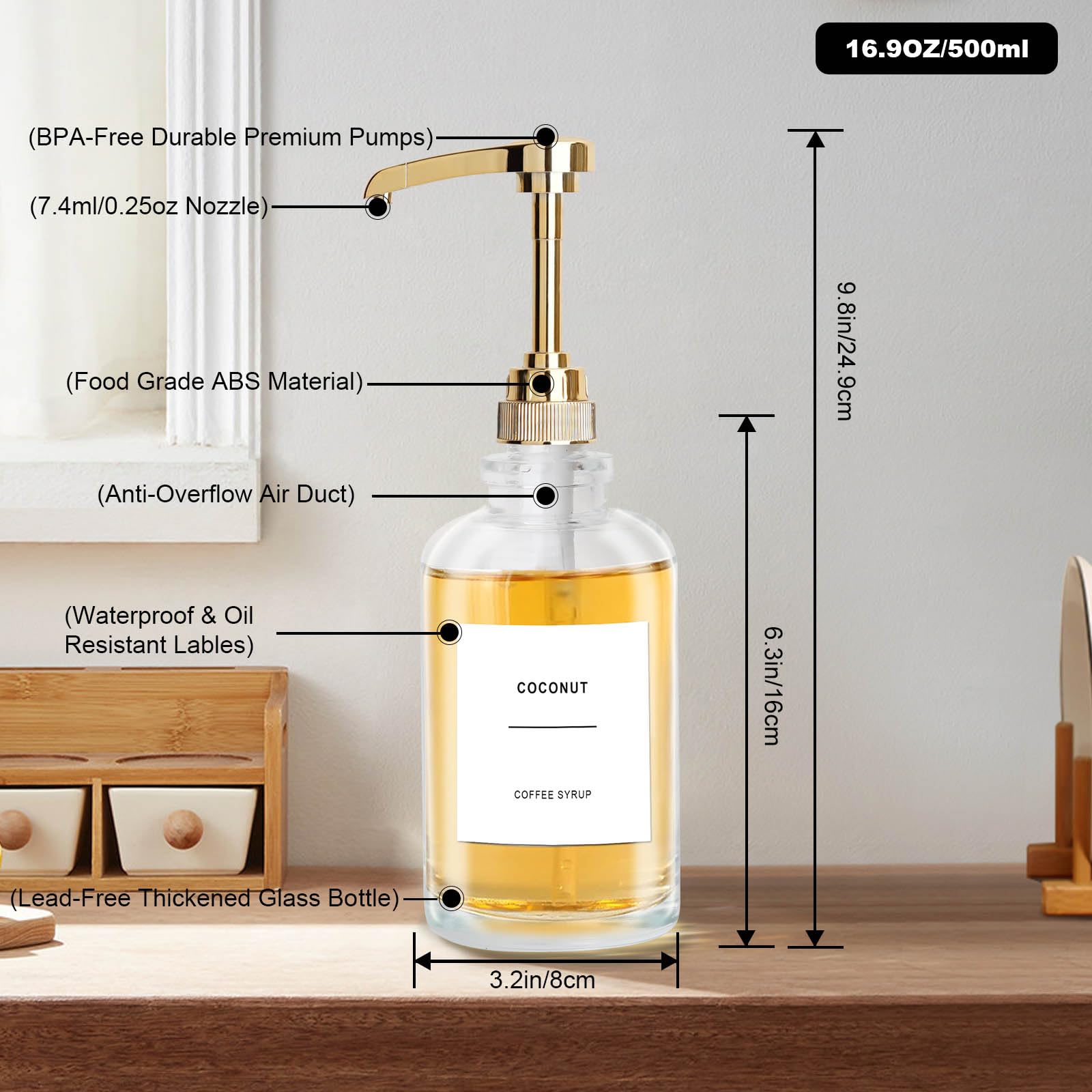 sunal Dispenser per sciroppo, set di 4 erogatori per sciroppo di caffè, 500 ml, bottiglia in vetro per sciroppo, erogatore a pompa per sciroppo, dispenser per miele con pompa di grande capacità da 0,6