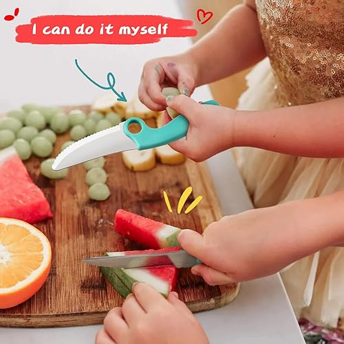 Miniatura 5 de Juego de cuchillos para niños para cocina real con protector de dedos y anillo educativo, juego de herramientas Montessori de cocina para